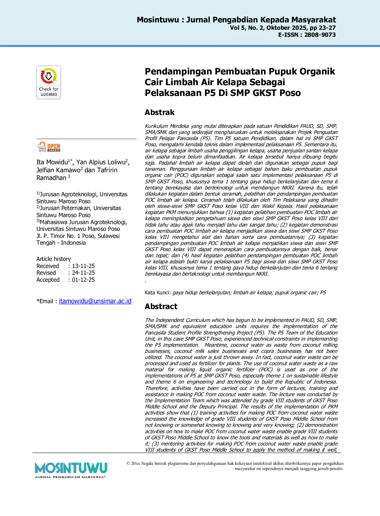 JURIS Pendampingan Pembuatan Pupuk Organik Cair Limbah Air Kelapa Sebagai Pelaksanaan P5 Di SMP GKST Poso