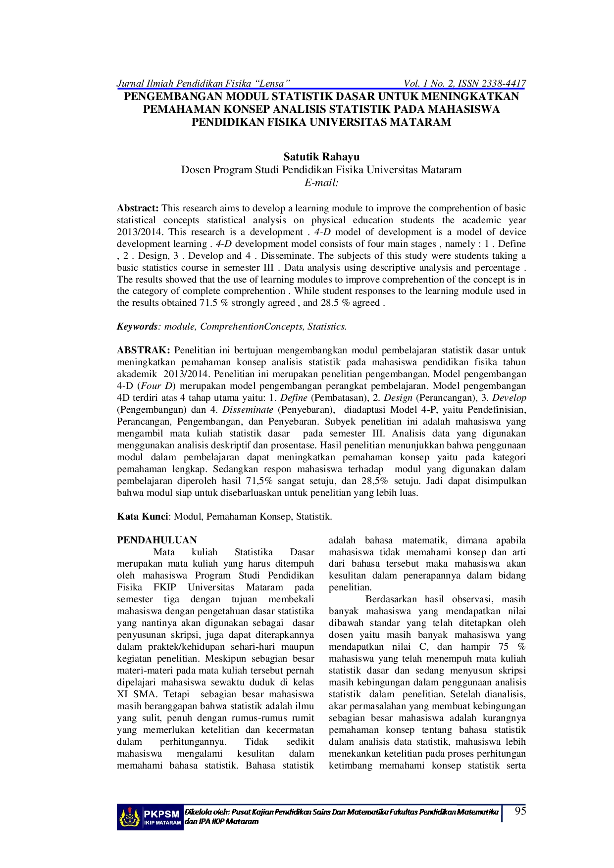 JURIS Pengembangan Modul Statistik Dasar Untuk Meningkatkan Pemahaman Konsep Analisis Statistik Pada Mahasiswa Pendidikan Fisika Universitas Mataram