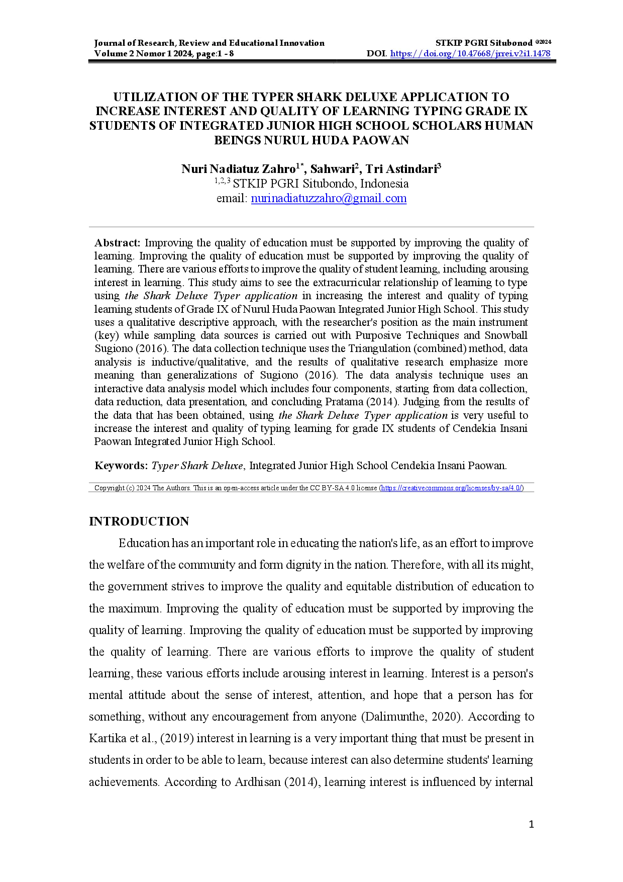 juris Utilisasi Aplikasi Typer Shark Deluxe Untuk Meningkatkan Minat Dan Kualitas Pembelajaran Mengetik Siswa Kelas Ix Smp Terpadu Insani Nurul Huda Paowan