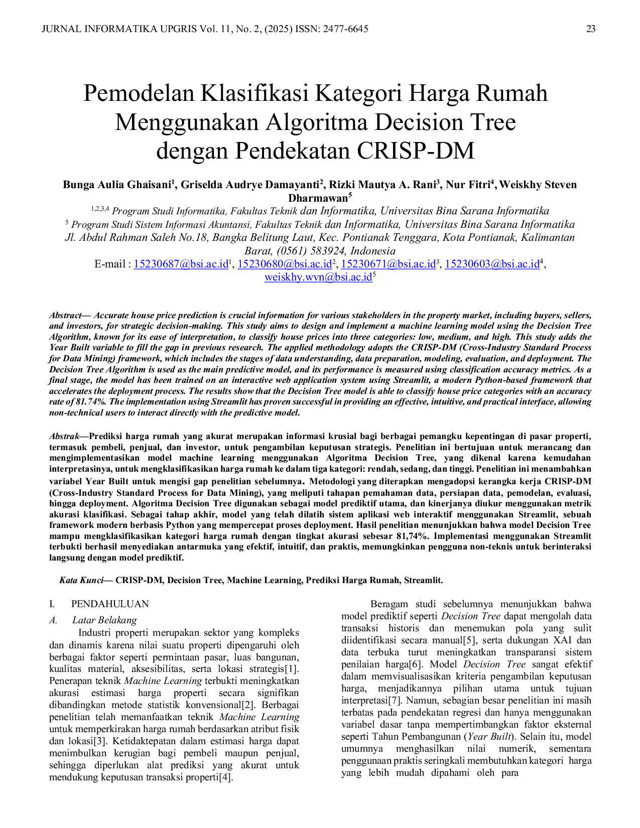 JURIS Pemodelan Klasifikasi Kategori Harga Rumah Menggunakan Algoritma Decision Tree dengan Pendekatan CRISP DM