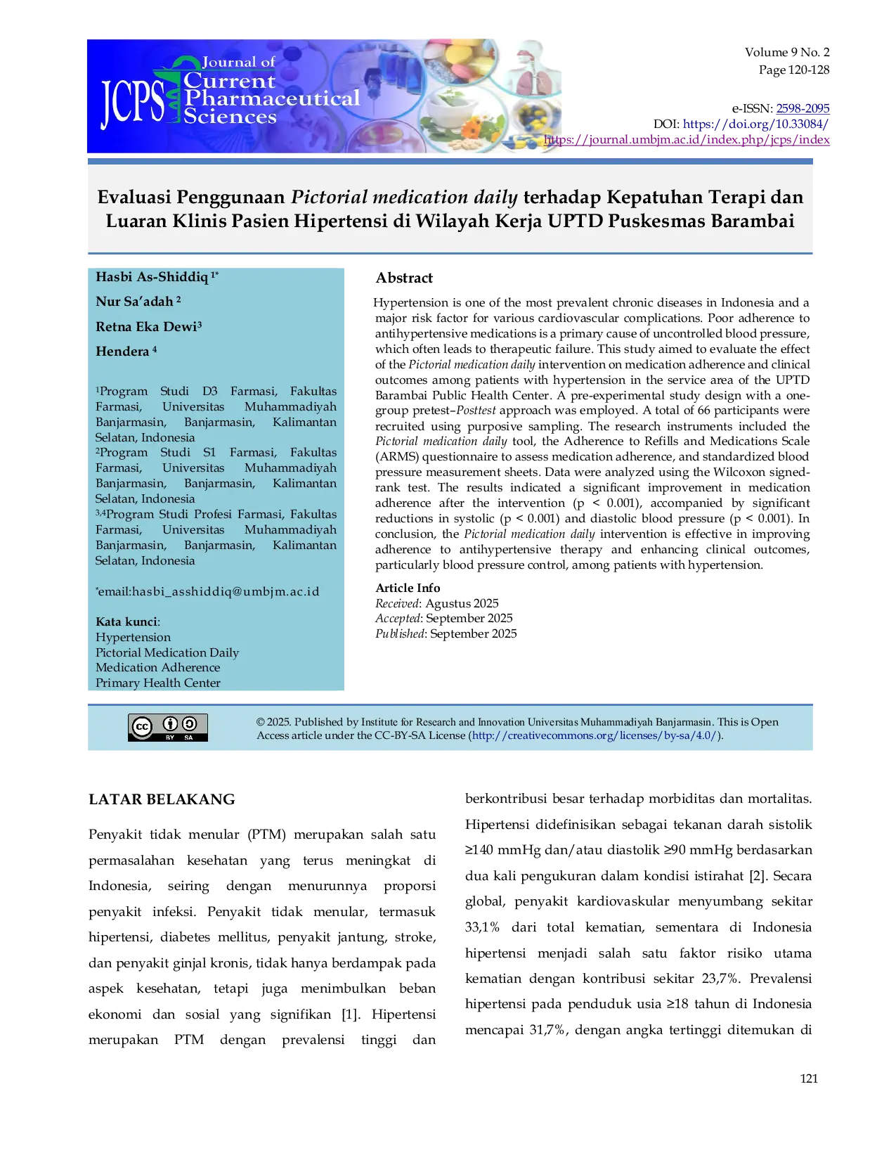 JURIS Evaluasi Penggunaan Pictorial medication daily terhadap Kepatuhan Terapi dan Luaran Klinis Pasien Hipertensi di Wilayah Kerja UPTD Puskesmas Barambai