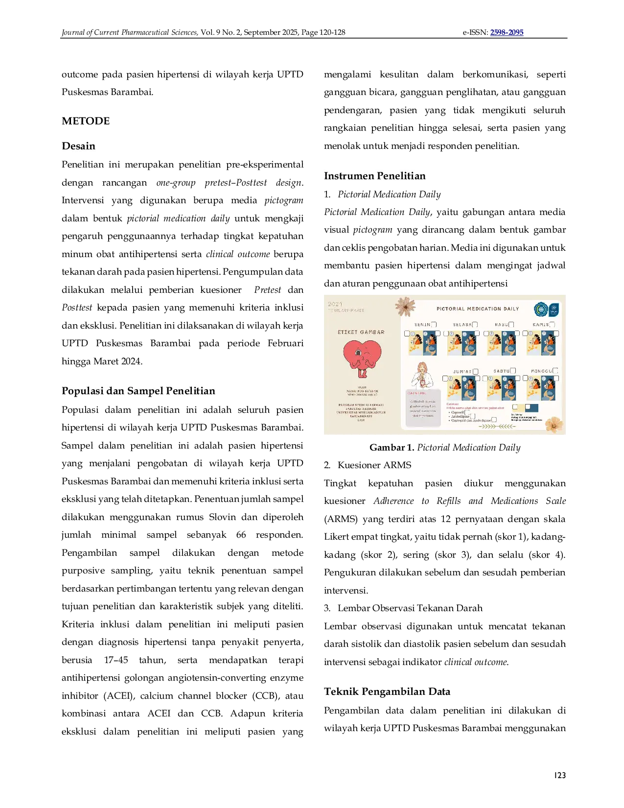 JURIS Evaluasi Penggunaan Pictorial medication daily terhadap Kepatuhan Terapi dan Luaran Klinis Pasien Hipertensi di Wilayah Kerja UPTD Puskesmas Barambai