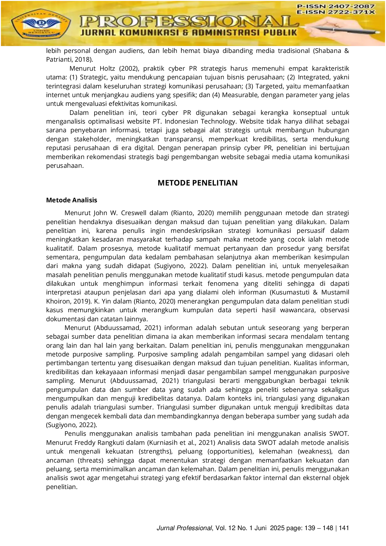 JURIS Optimalisasi Pemanfaatan Website Sebagai Media Cyber Public Relations Studi Kasus Pada PT Indonesian Technology Kota Metro