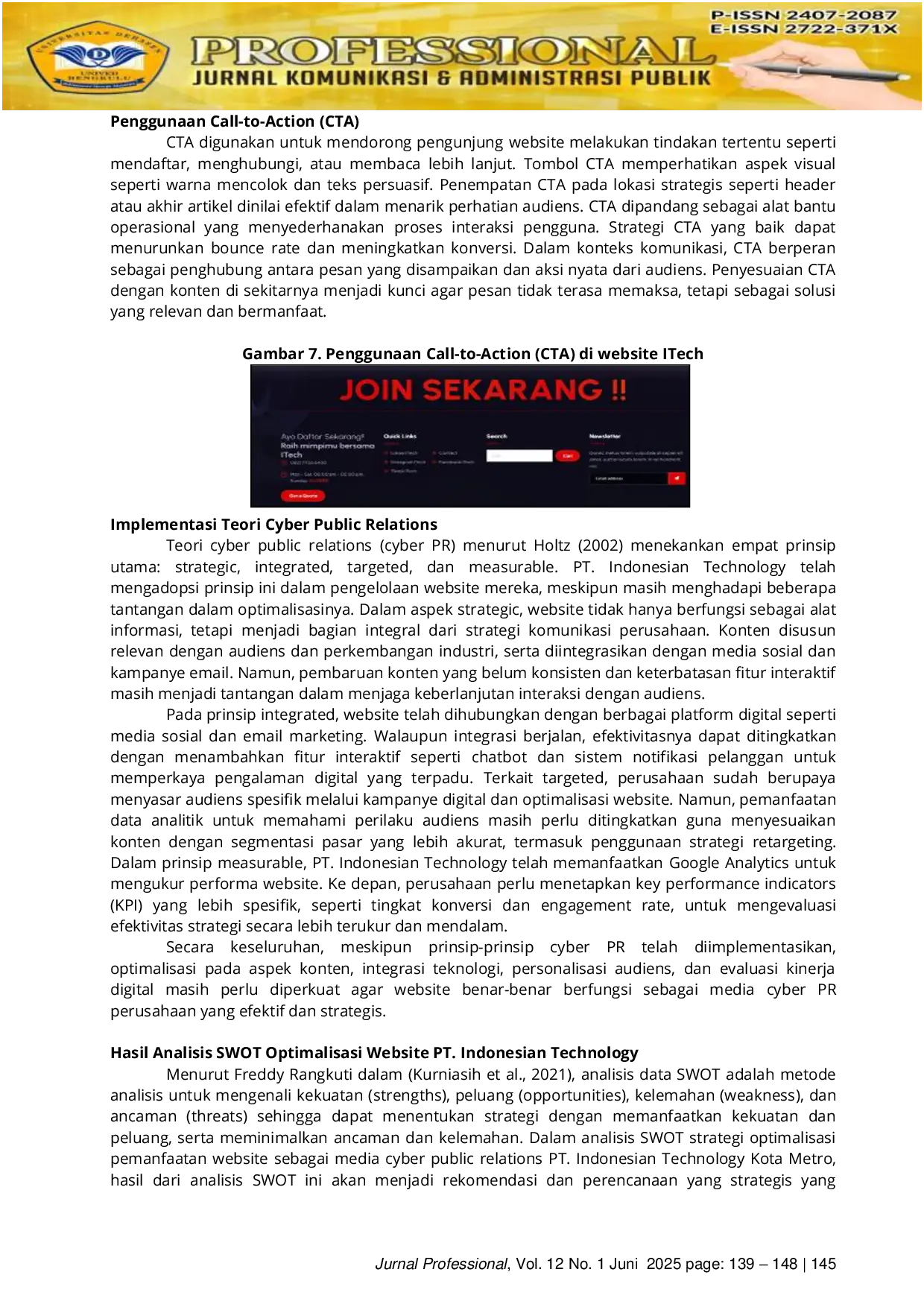 JURIS Optimalisasi Pemanfaatan Website Sebagai Media Cyber Public Relations Studi Kasus Pada PT Indonesian Technology Kota Metro