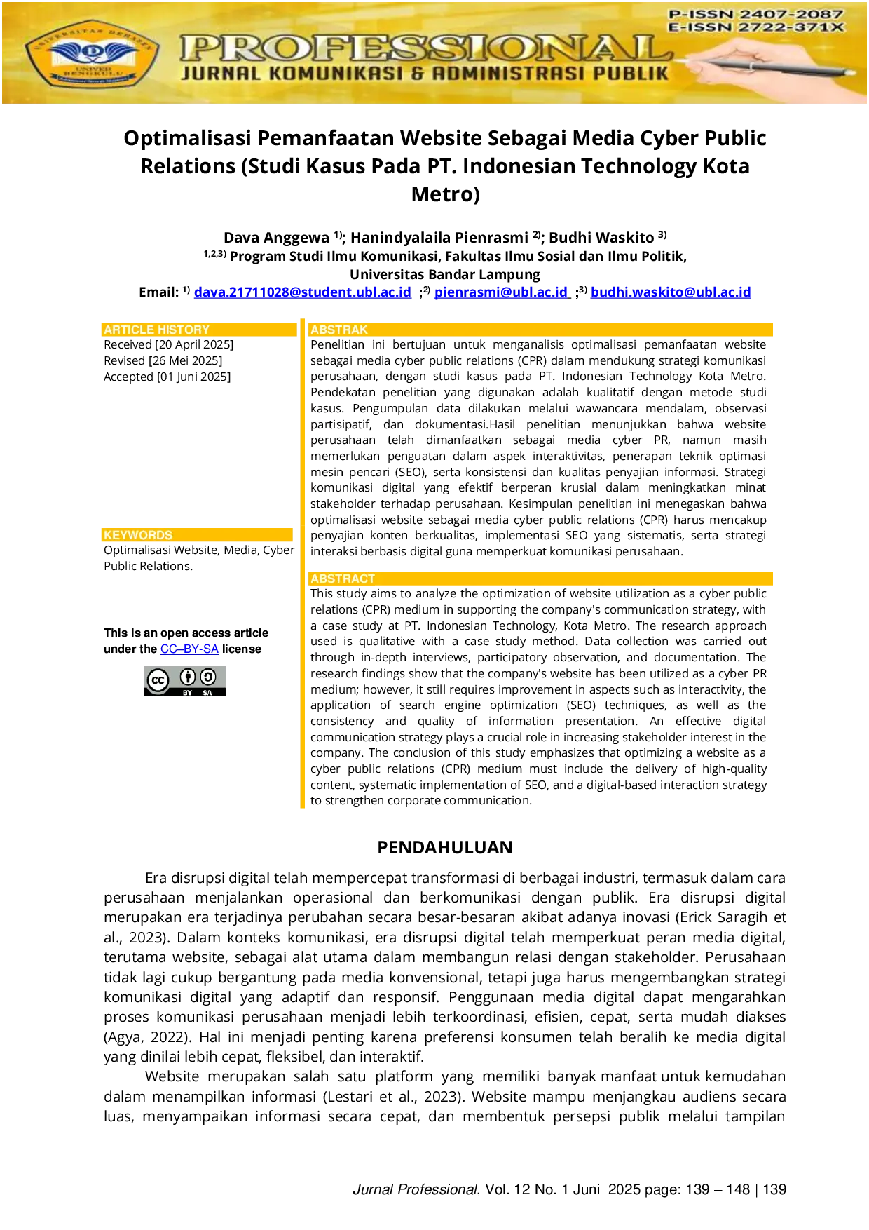 JURIS Optimalisasi Pemanfaatan Website Sebagai Media Cyber Public Relations Studi Kasus Pada PT Indonesian Technology Kota Metro
