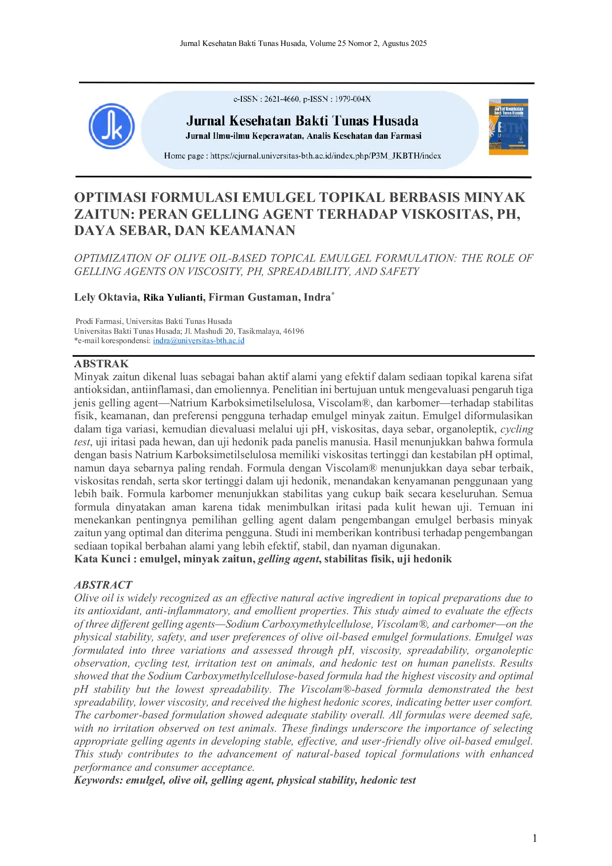 JURIS Optimasi Formulasi Emulgel Topikal Berbasis Minyak Zaitun Peran Gelling Agent Terhadap Viskositas Ph Daya Sebar Dan Keamanan