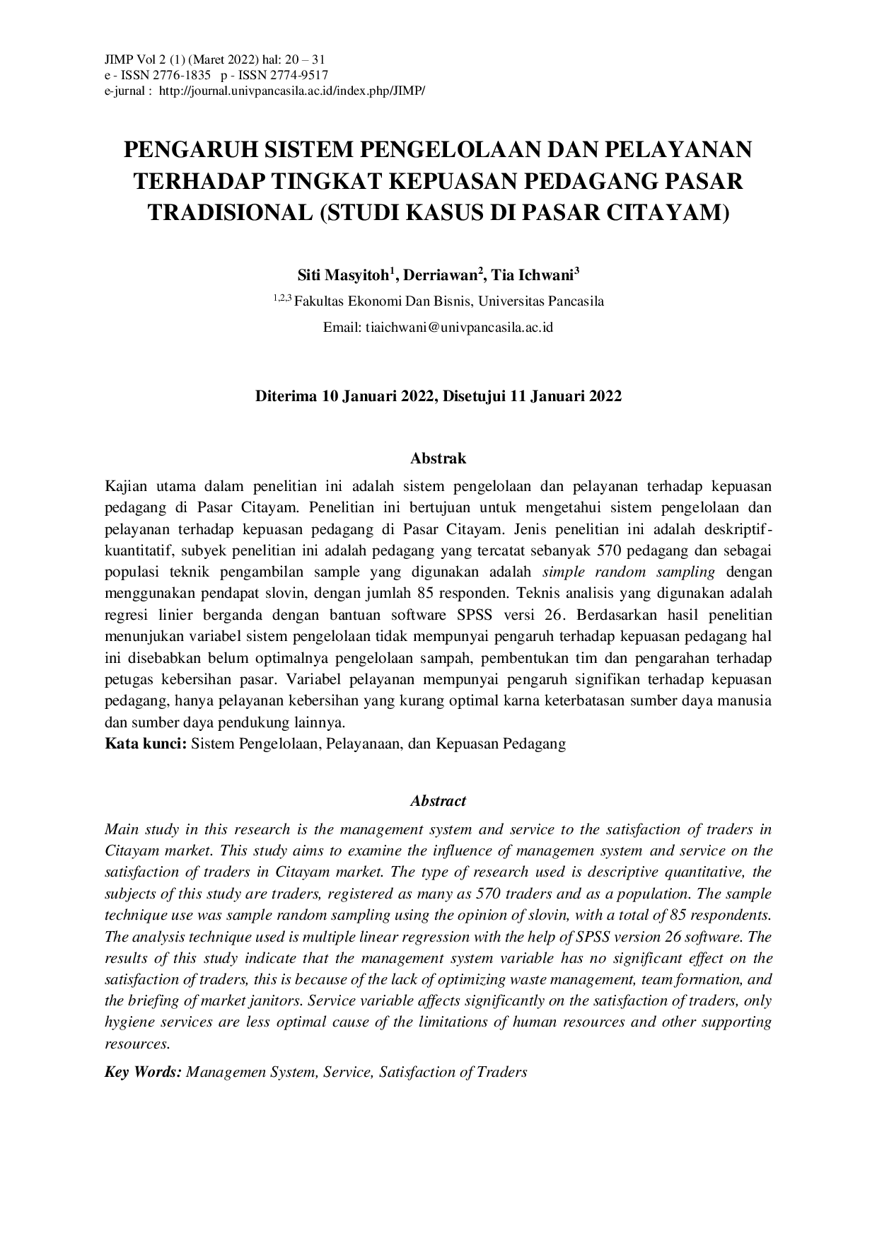 JURIS Pengaruh Sistem Pengelolaan dan Pelayanan Terhadap Tingkat Kepuasan Pedagang Pasar Tradisional Studi Kasus di Pasar Citayam