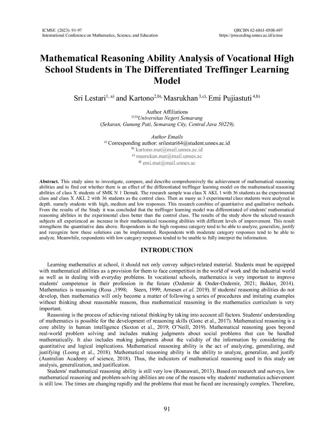 JURIS Mathematical Reasoning Ability Analysis of Vocational High School Students in The Differentiated Treffinger Learning Model