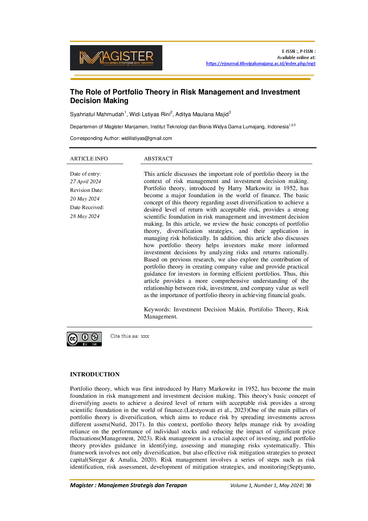 juris The Role of Portfolio Theory in Risk Management and Investment Decision Making
