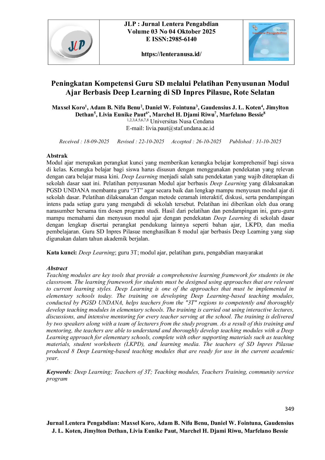 JURIS Peningkatan Kompetensi Guru SD melalui Pelatihan Penyusunan Modul Ajar Berbasis Deep Learning di SD Inpres Pilasue Rote Selatan