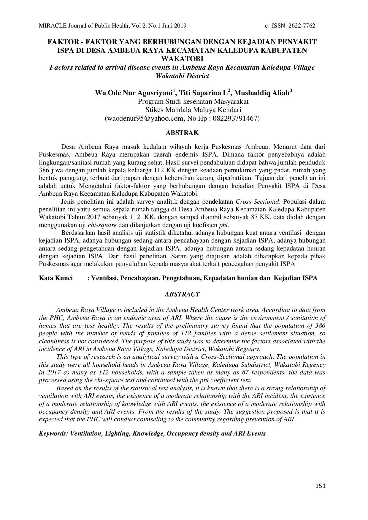 JURIS Faktor Faktor Yang Berhubungan Dengan Kejadian Penyakit Ispa Di Desa Ambeua Raya Kecamatan Kaledupa Kabupaten Wakatobi
