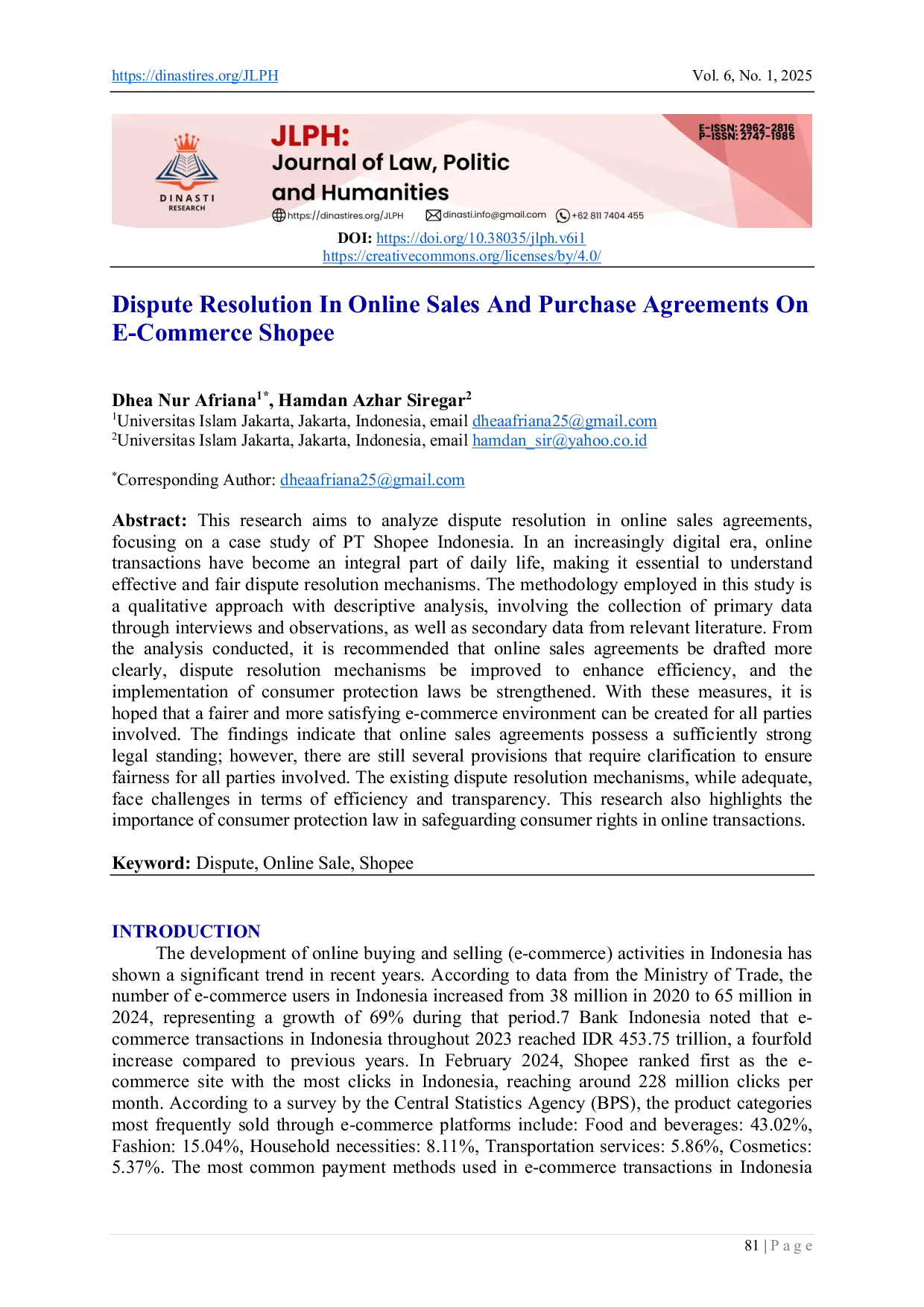 JURIS Dispute Resolution In Online Sales And Purchase Agreements On E Commerce Shopee