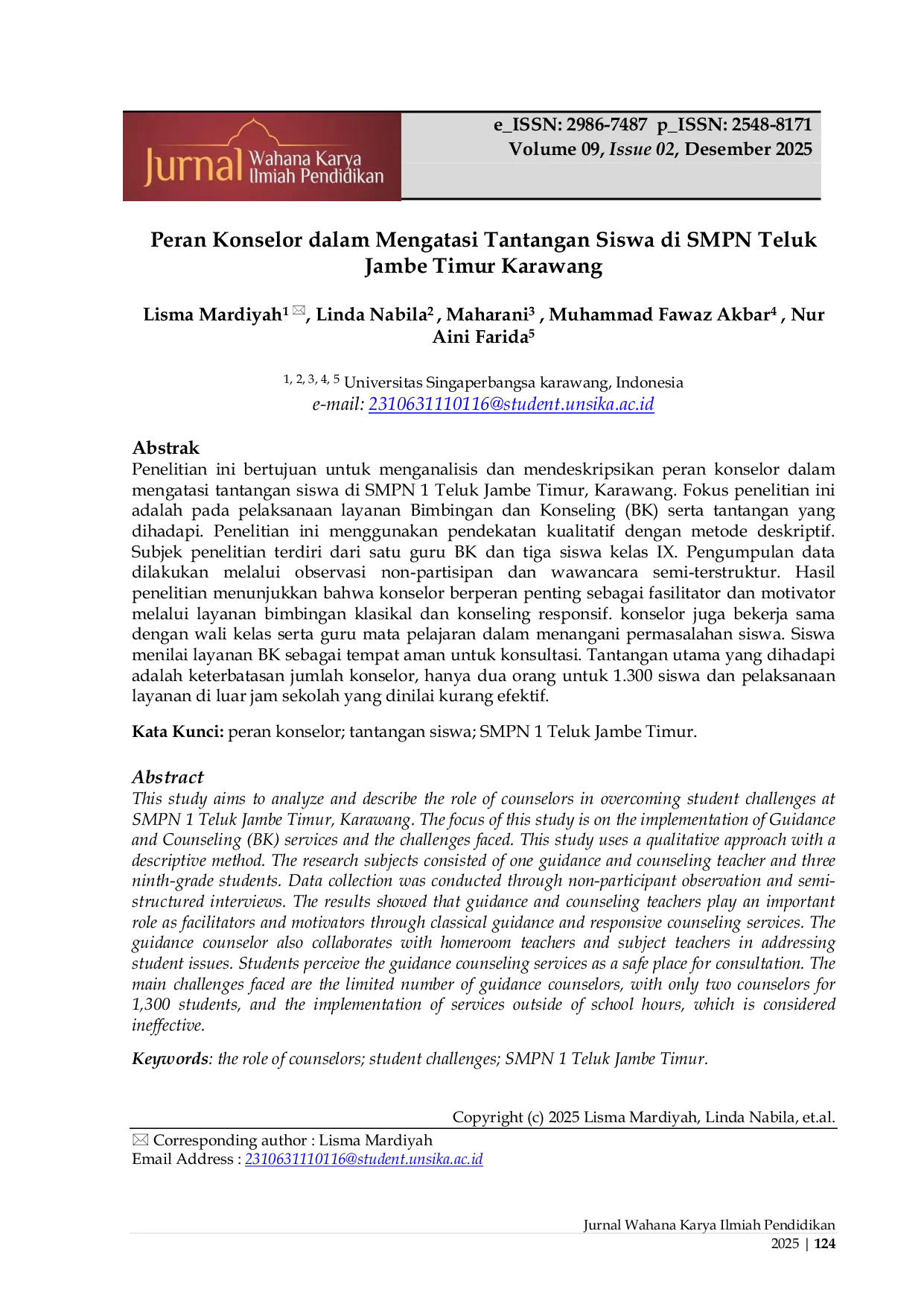 JURIS Peran Konselor dalam Mengatasi Tantangan Siswa di SMPN Teluk Jambe Timur Karawang