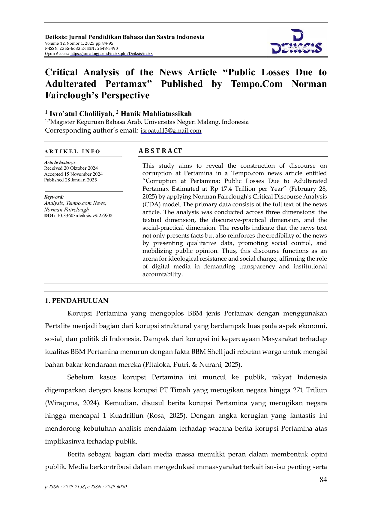 JURIS Critical Analysis of the News Article Public Losses Due to Adulterated Pertamax Published by Tempo Com Norman Fairclough s Perspective