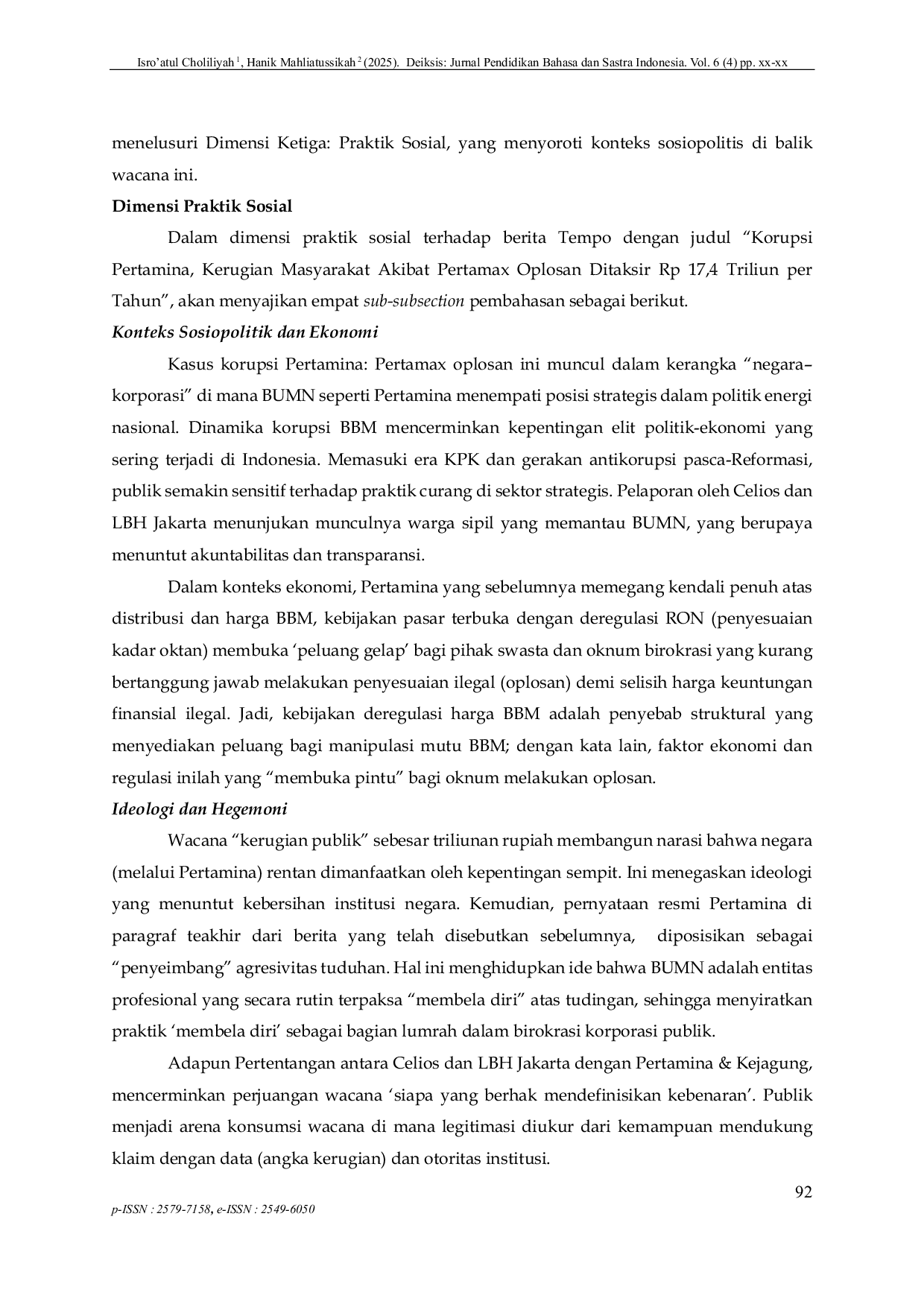 JURIS Critical Analysis of the News Article Public Losses Due to Adulterated Pertamax Published by Tempo Com Norman Fairclough s Perspective