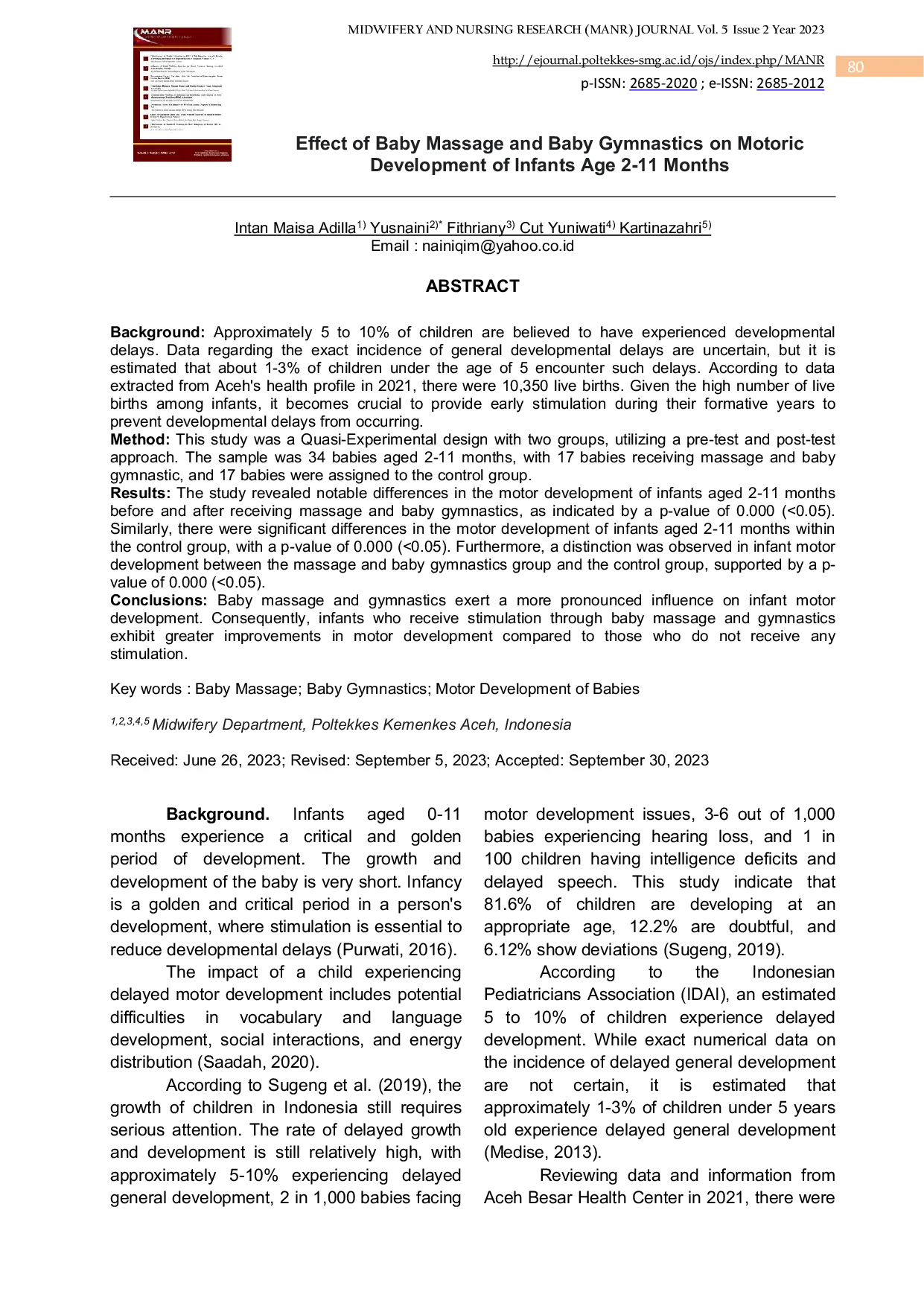 JURIS Effect of Baby Massage and Baby Gymnastics on Motoric Development of Infants Age 2 11 Months in the Darul Imarah Health Center Work Area Aceh Besar District