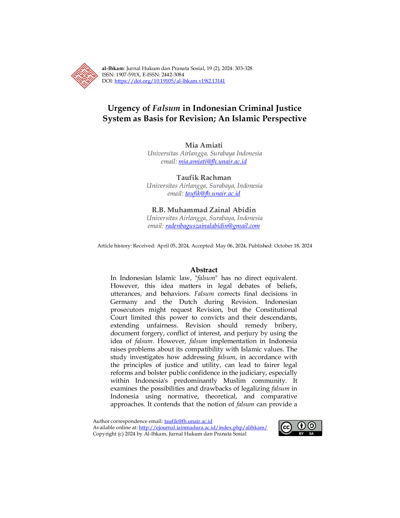 JURIS Urgency of Falsum in Indonesian Criminal Justice System as Basis for Revision An Islamic Perspective