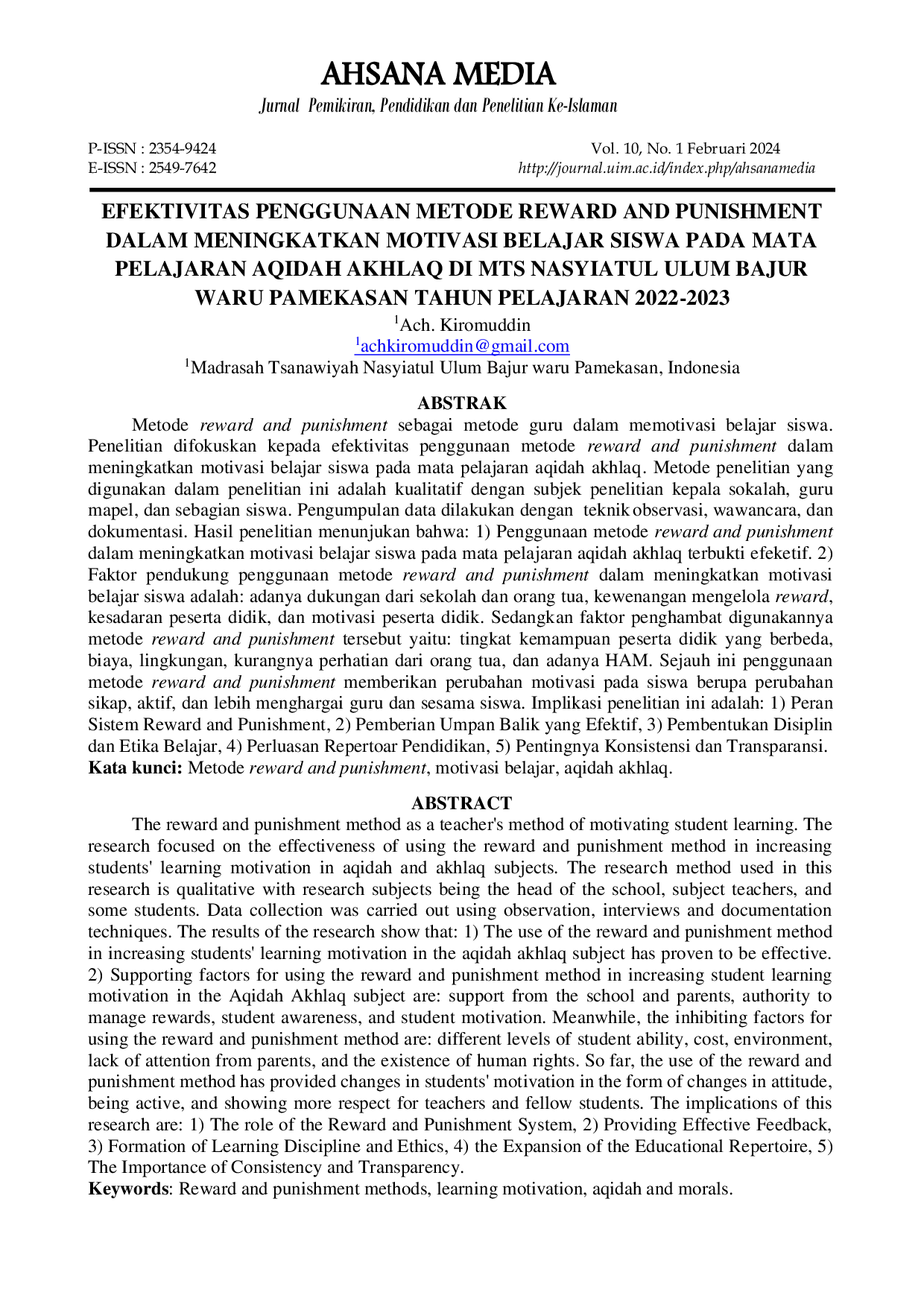 JURIS Efektivitas Penggunaan Metode Reward And Punishment Dalam Meningkatkan Motivasi Belajar Siswa Pada Mata Pelajaran Aqidah Akhlaq Di Mts Nasyiatul Ulum Bajur Waru Pamekasan Tahun Pelajaran 2022 2023