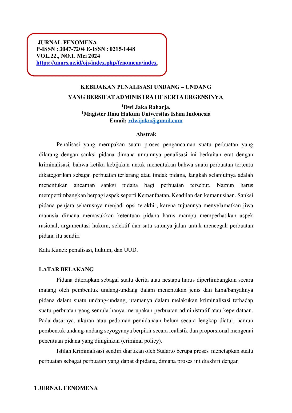 JURIS Kebijakan Penalitas Undang Undang Yang Bersifat Administratif Serta Urgensinya