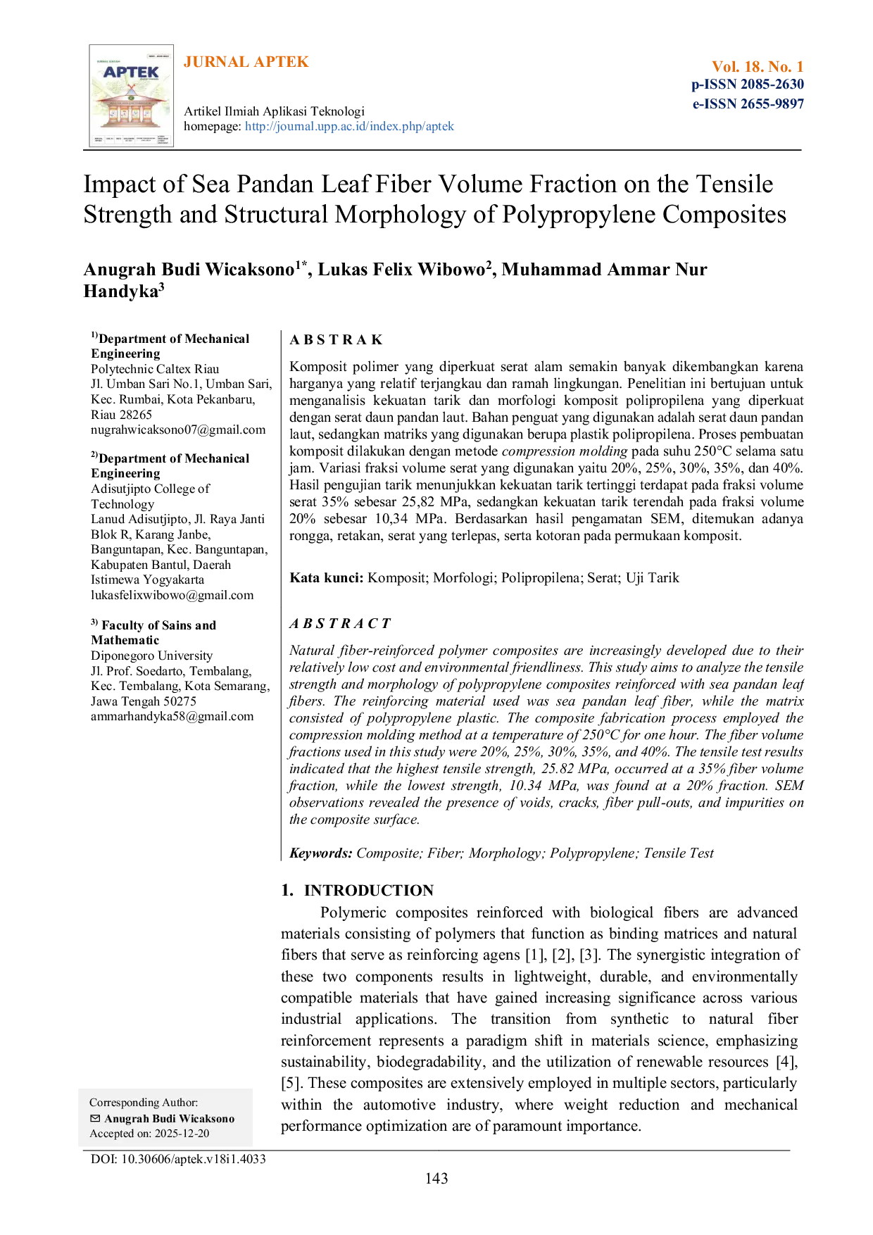 JURIS Impact of Sea Pandan Leaf Fiber Volume Fraction on the Tensile Strength and Structural Morphology of Polypropylene Composites