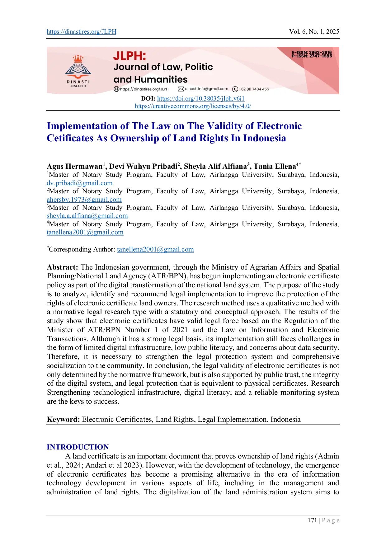 JURIS Implementation of the Law on the Validity of Electronic Cetificates as Ownership of Land Rights in Indonesia