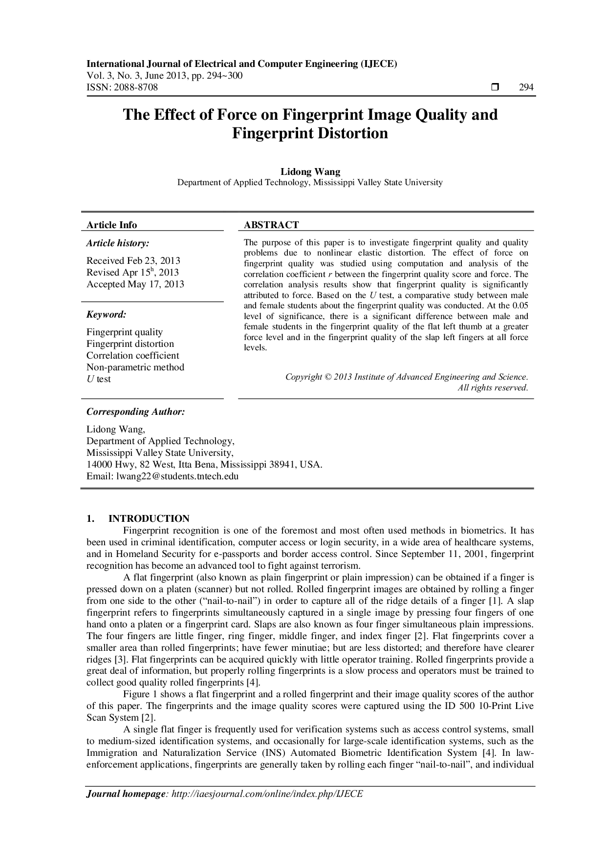 JURIS The Effect of Force on Fingerprint Image Quality and Fingerprint Distortion