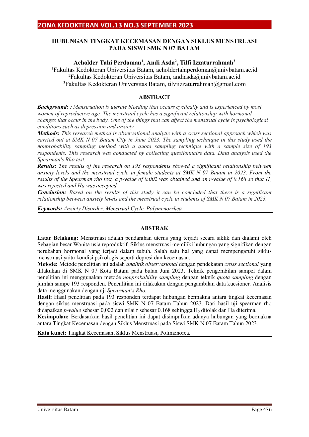 JURIS Hubungan Tingkat Kecemasan Dengan Siklus Menstruasi Pada Siswi Smk N 07 Batam