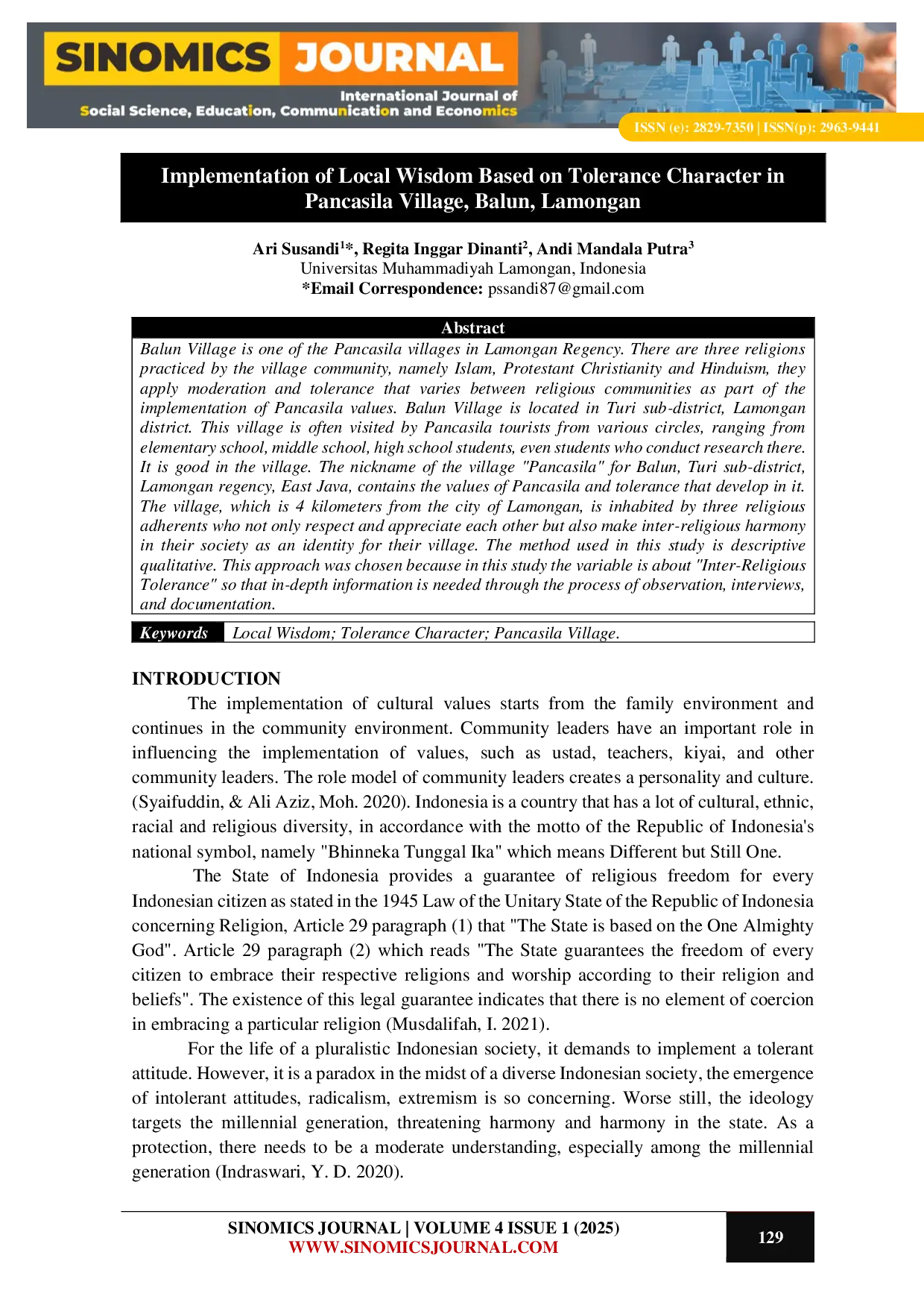 JURIS Implementation of Local Wisdom Based on Tolerance Character in Pancasila Village Balun Lamongan