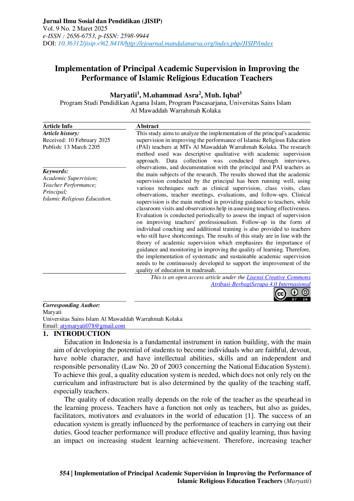 JURIS Implementation of Principal Academic Supervision in Improving the Performance of Islamic Religious Education Teachers