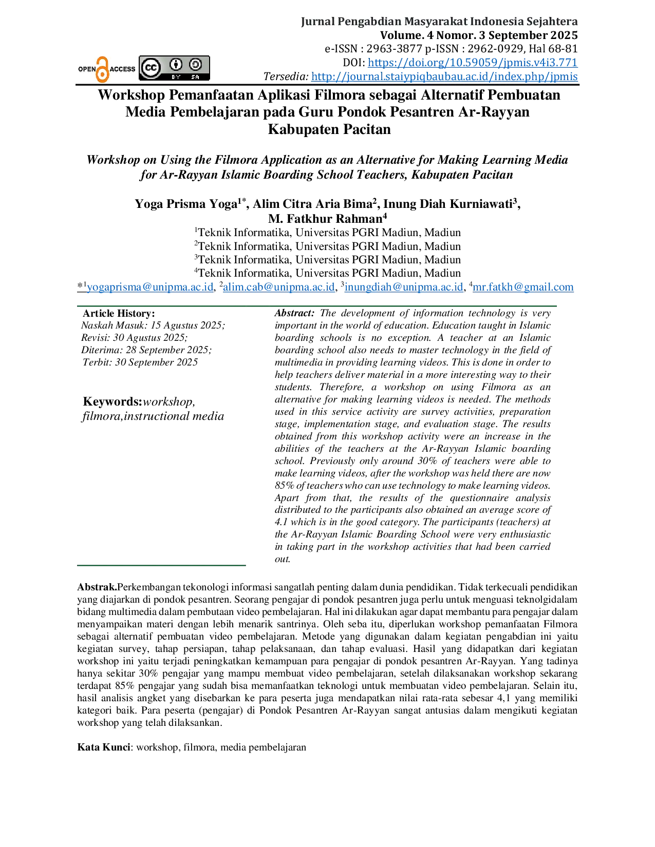 JURIS Workshop Pemanfaatan Aplikasi Filmora sebagai Alternatif Pembuatan Media Pembelajaran pada Guru Pondok Pesantren Ar Rayyan Kabupaten Pacitan