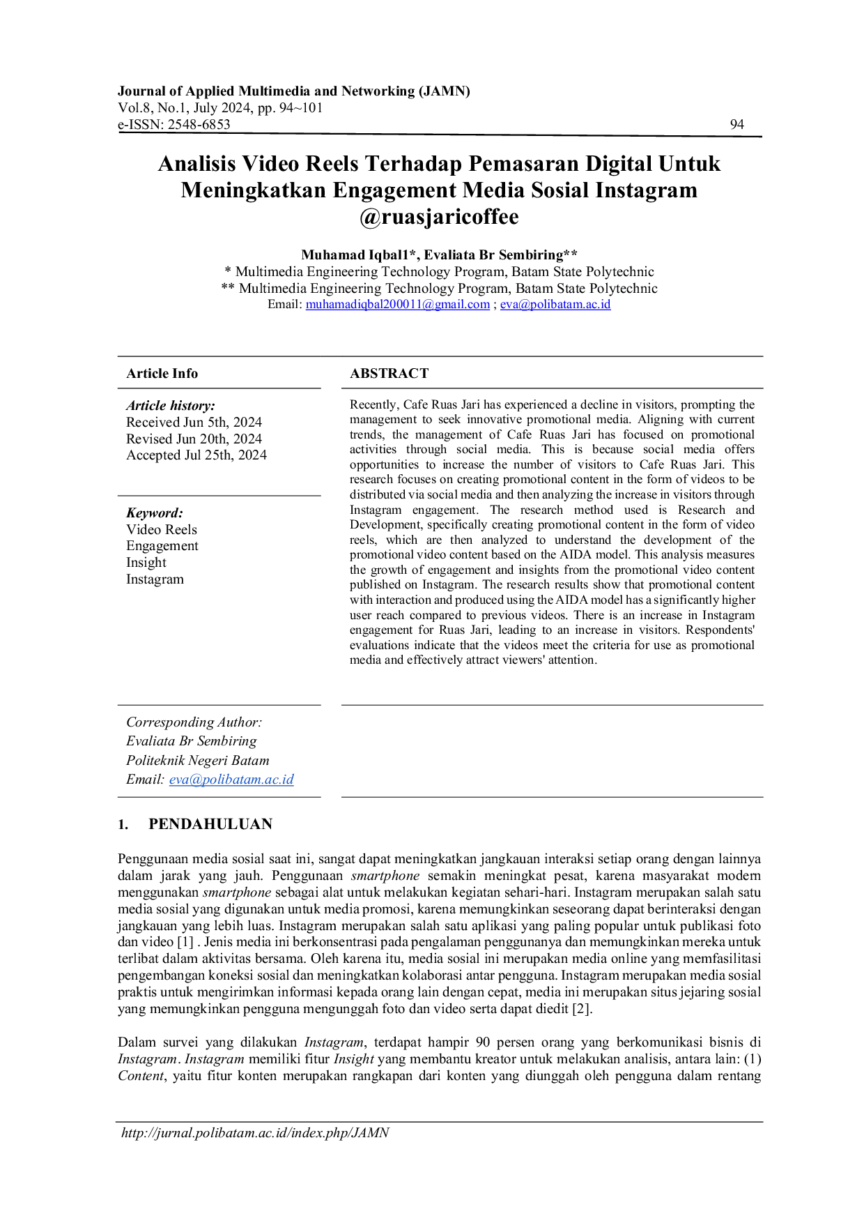 JURIS Analisis Video Reels Terhadap Pemasaran Digital Untuk Meningkatkan Engagement Media Sosial Instagram ruasjaricoffee