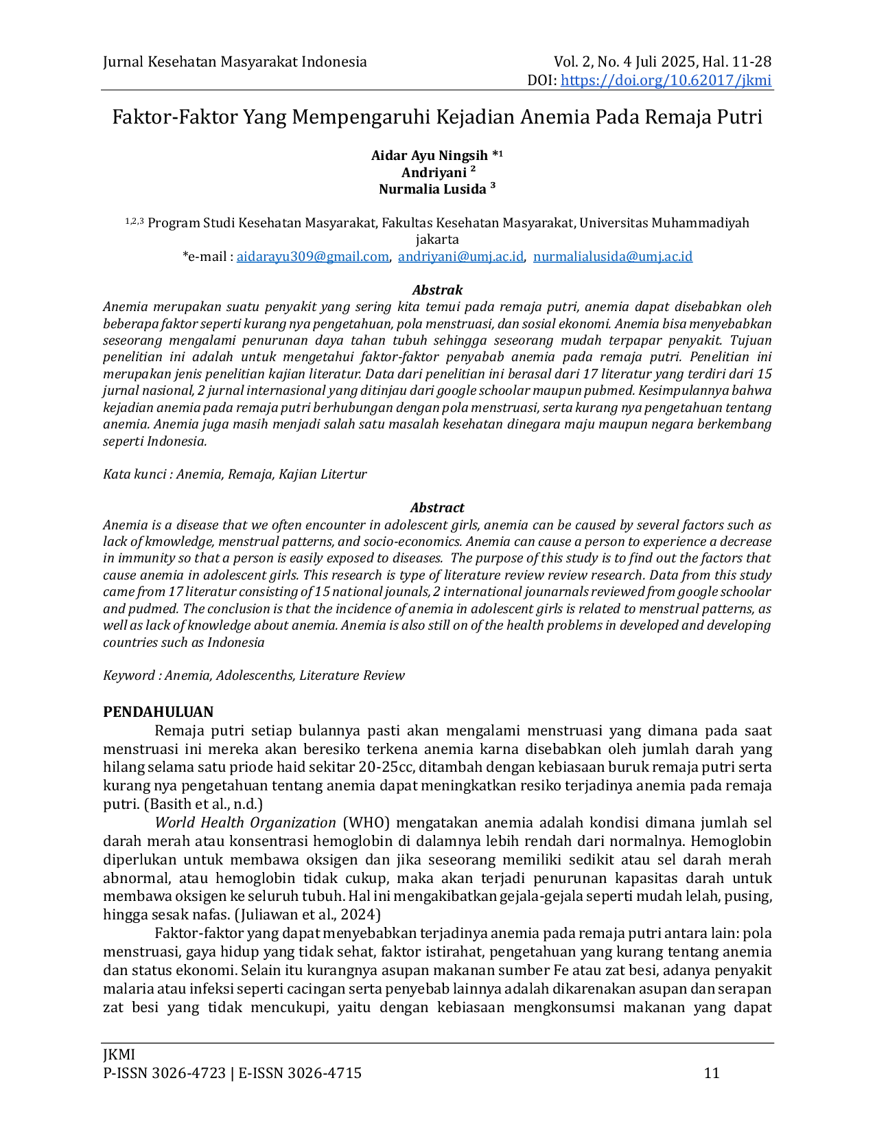 JURIS Faktor faktor Yang Mempengaruhi Kejadian Anemia Pada Remaja Putri
