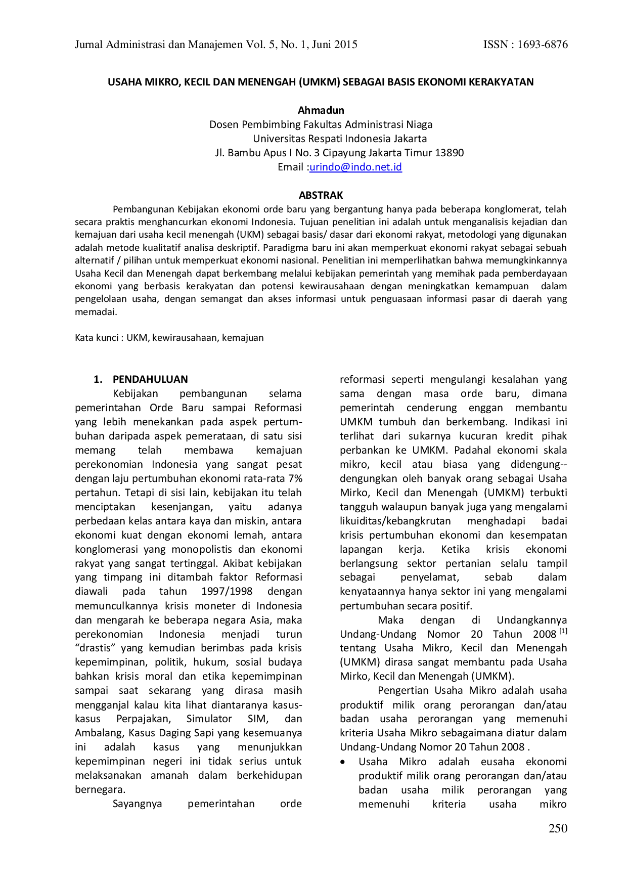 JURIS Usaha Mikro Kecil Dan Menengah UMKM Sebagai Basis Ekonomi Kerakyatan