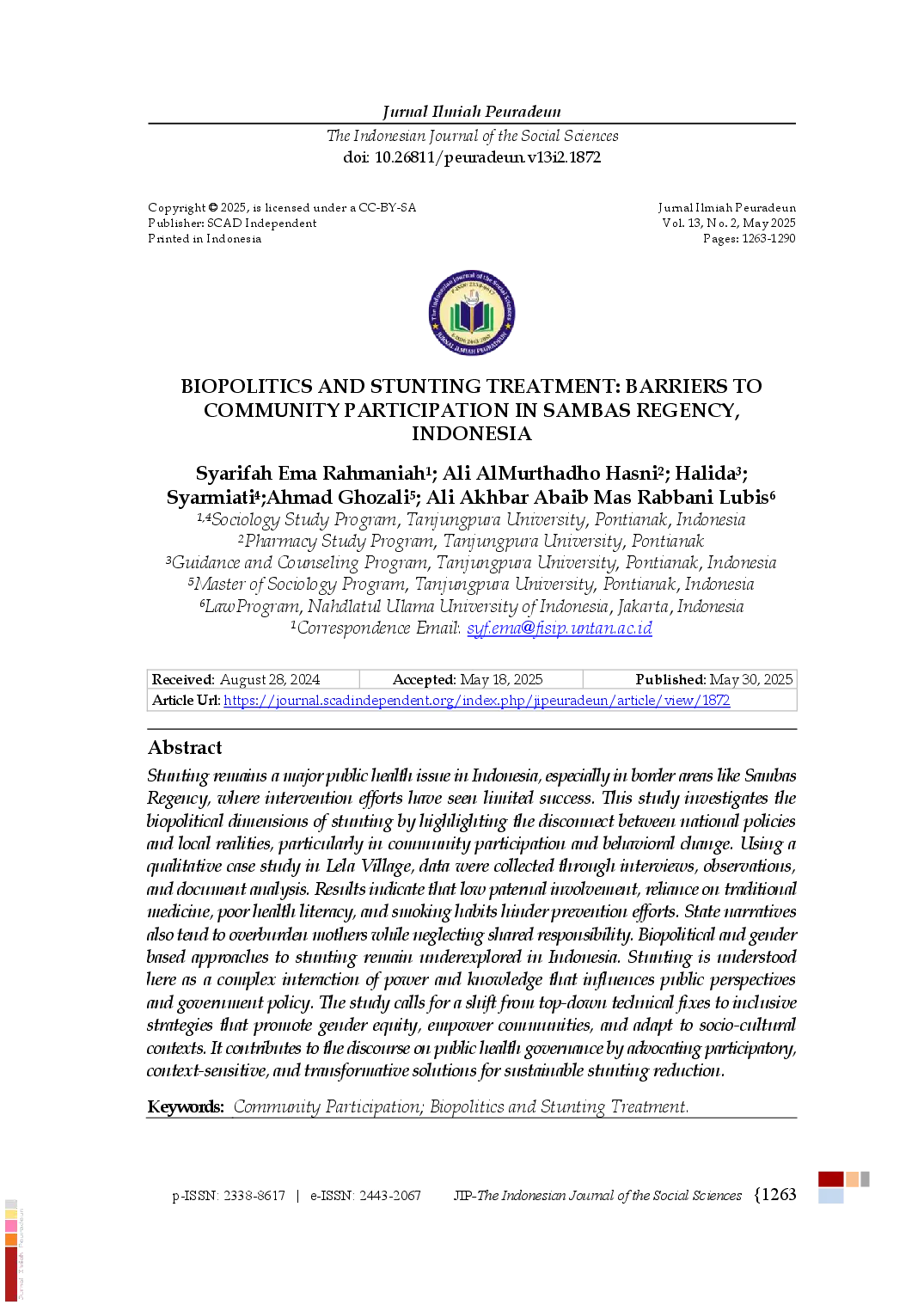 juris Biopolitics and Stunting Treatment Barriers to Community Participation in Sambas Regency Indonesia