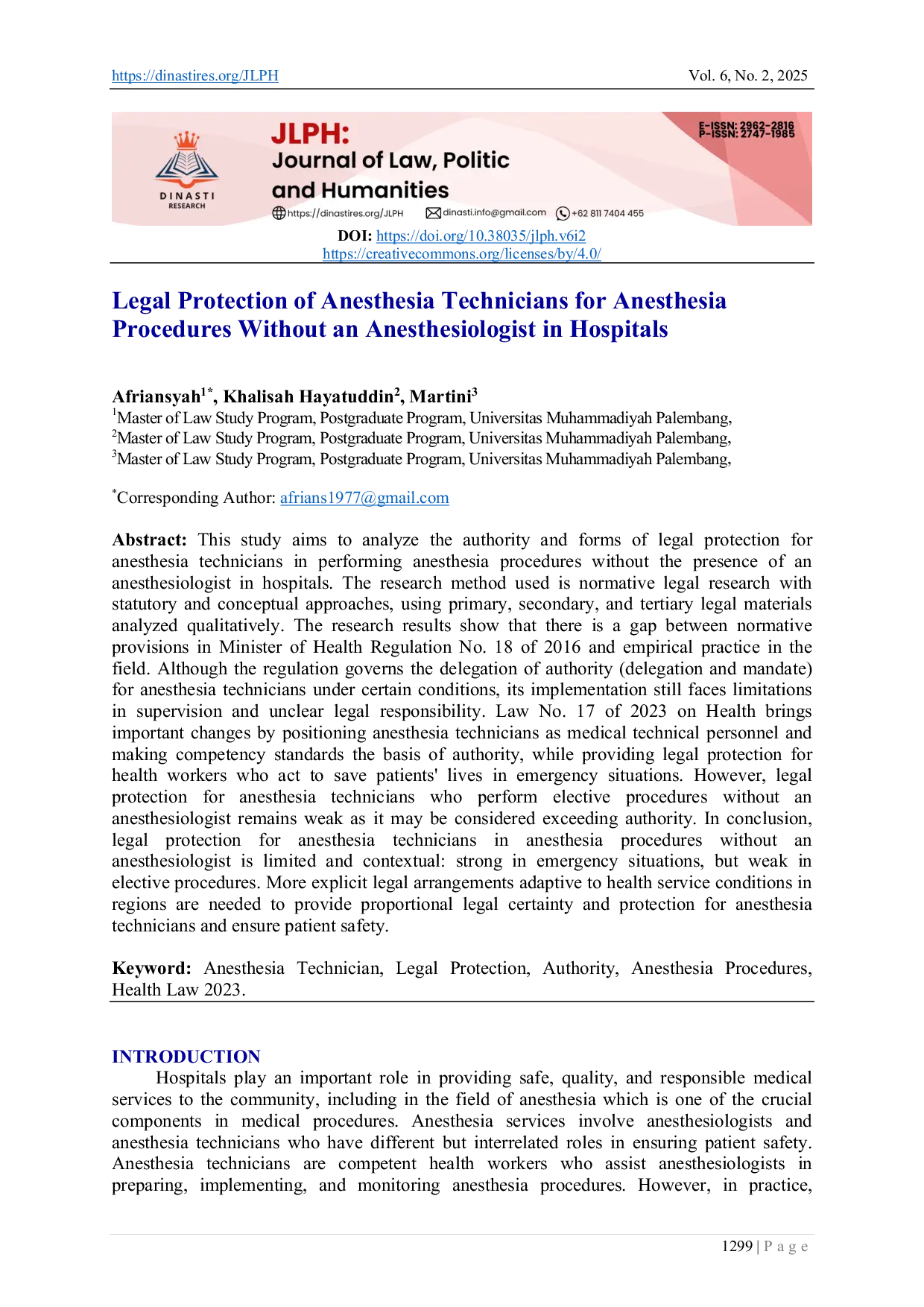 JURIS Legal Protection of Anesthesia Technicians for Anesthesia Procedures Without an Anesthesiologist in Hospitals