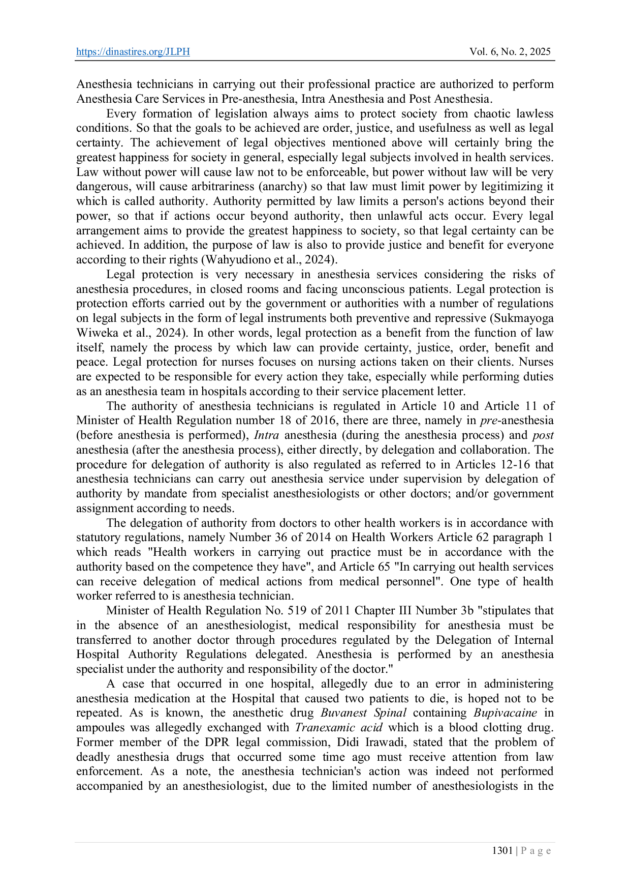 JURIS Legal Protection of Anesthesia Technicians for Anesthesia Procedures Without an Anesthesiologist in Hospitals