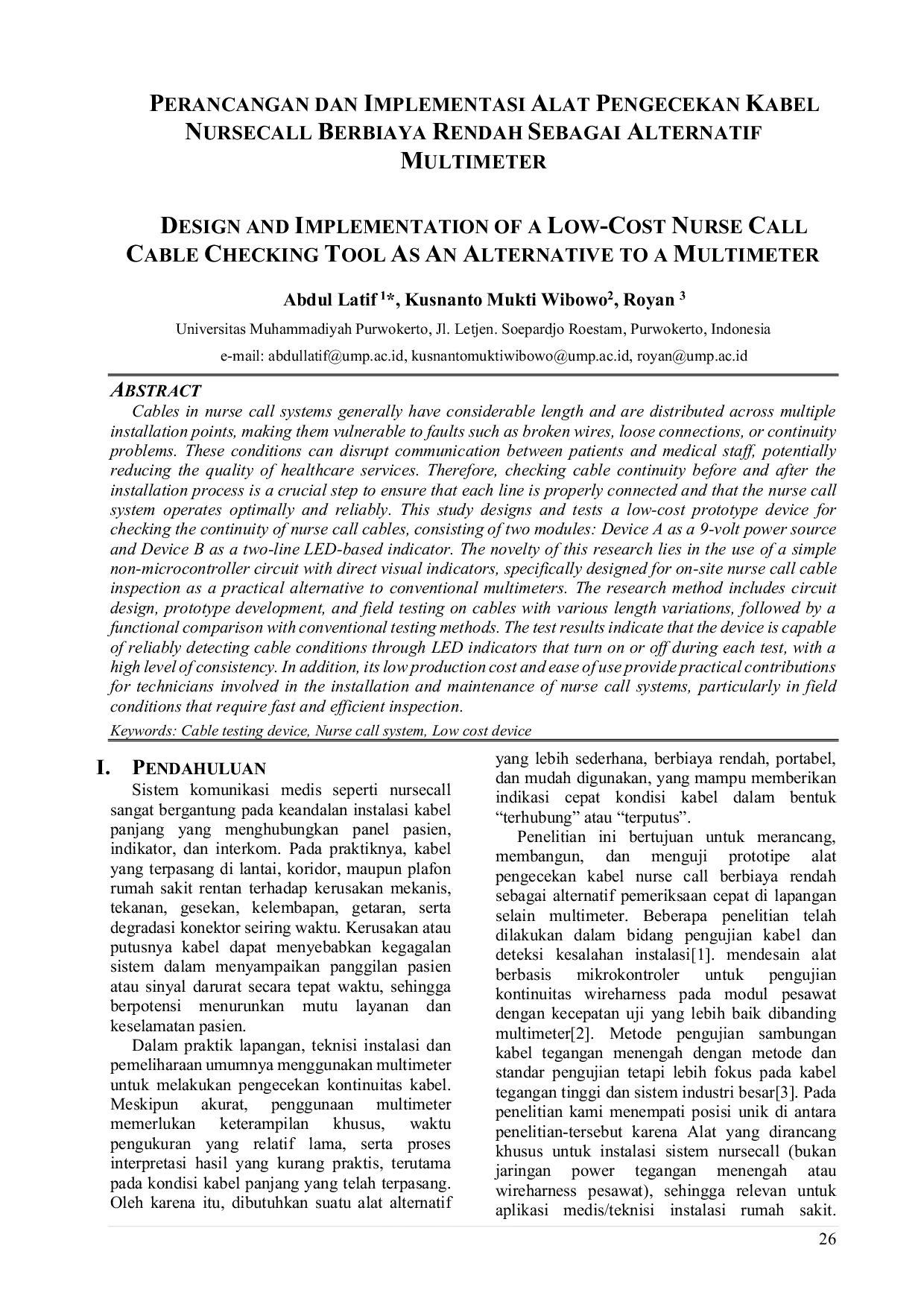 JURIS Perancangan Dan Implementasi Alat Pengecekan Kabel Nursecall Berbiaya Rendah Sebagai Alternatif Multimeter