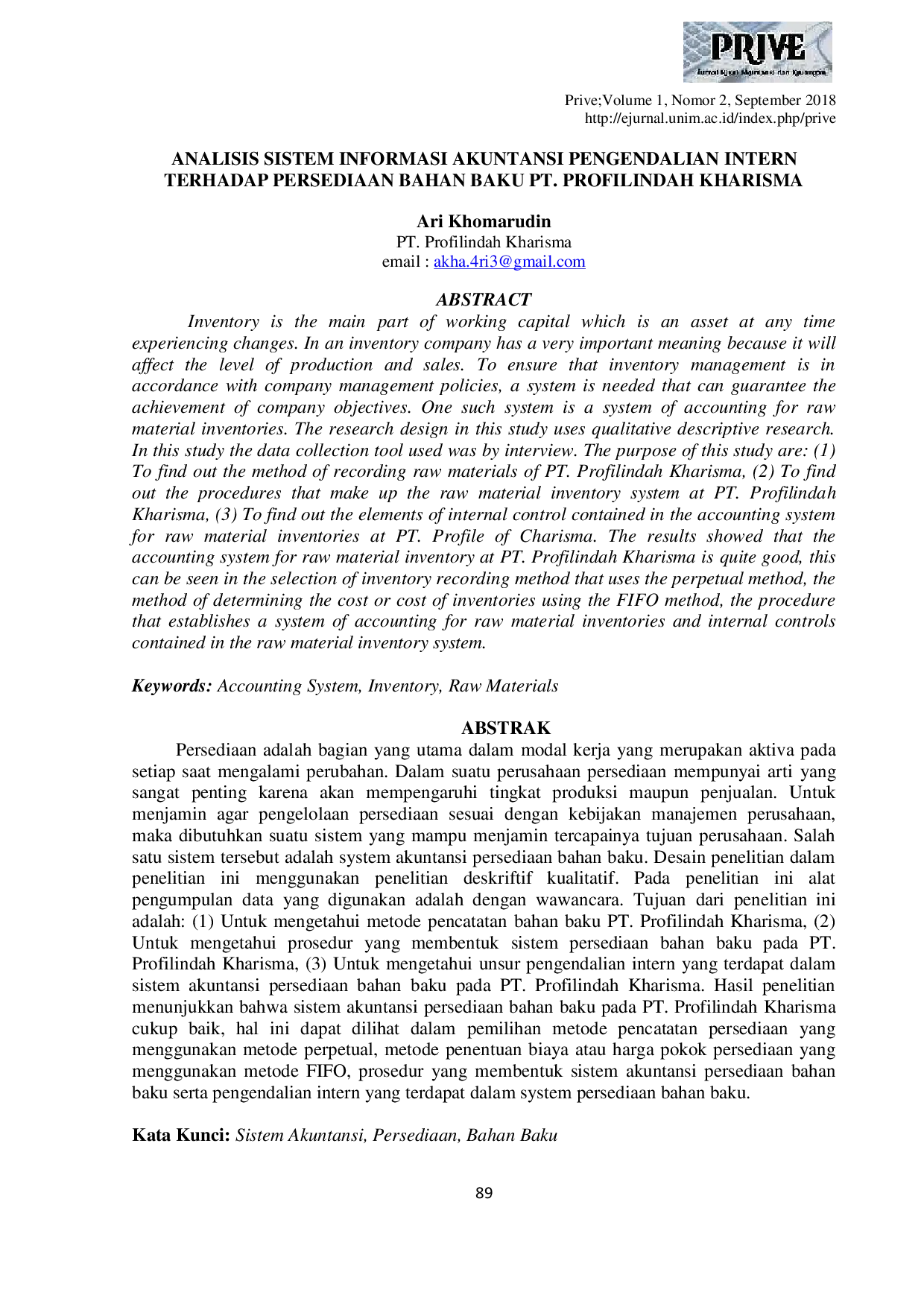 JURIS Analisis Sistem Informasi Akuntansi Pengendalian Intern Terhadap Persediaan Bahan Baku PT Profilindah Kharisma