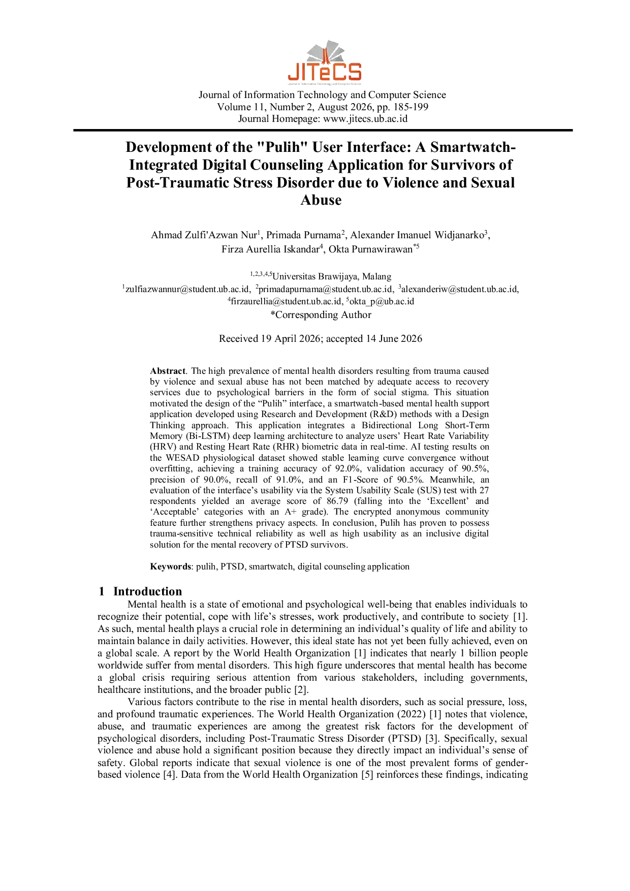 JURIS Development of the Pulih User Interface A Smartwatch Integrated Digital Counseling Application for Survivors of Post Traumatic Stress Disorder due to Violence and Sexual Abuse