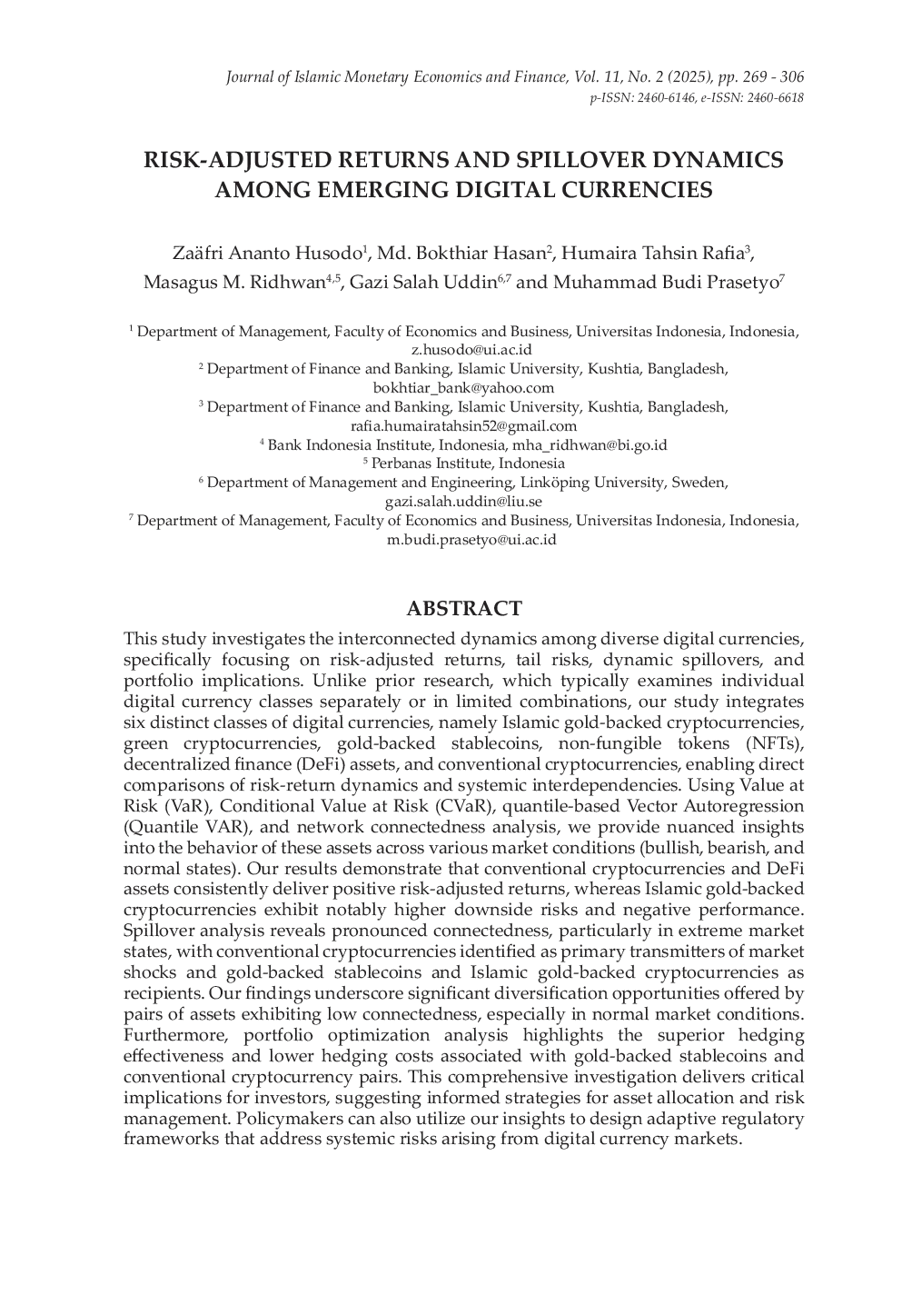 JURIS Risk Adjusted Returns and Spillover Dynamics among Emerging Digital Currencies
