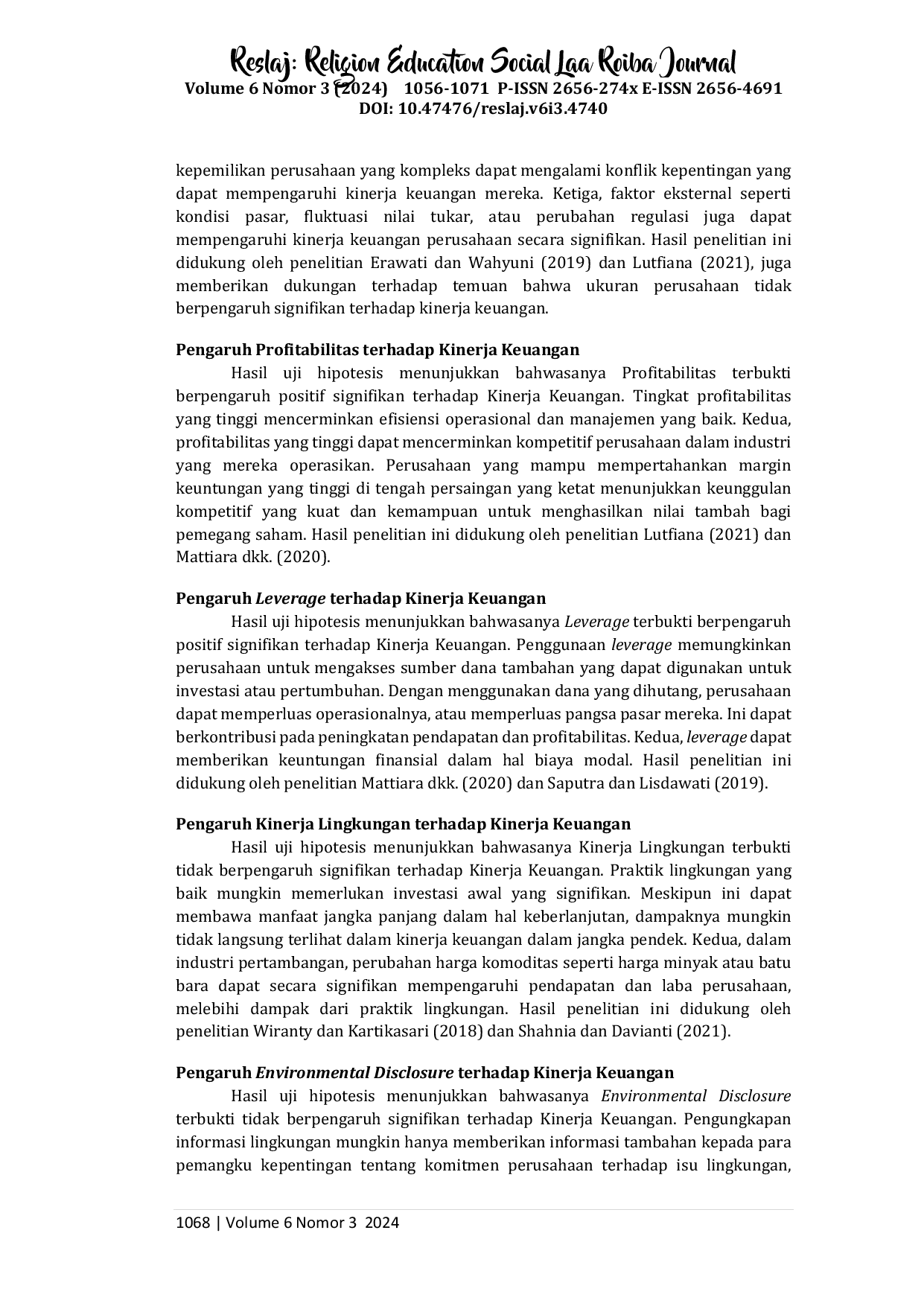 JURIS Pengaruh Ukuran Profitabilitas Leverage dan Kinerja Lingkungan terhadap Environmental Disclosure dan Kinerja Keuangan Perusahaan Pertambangan di Indonesia