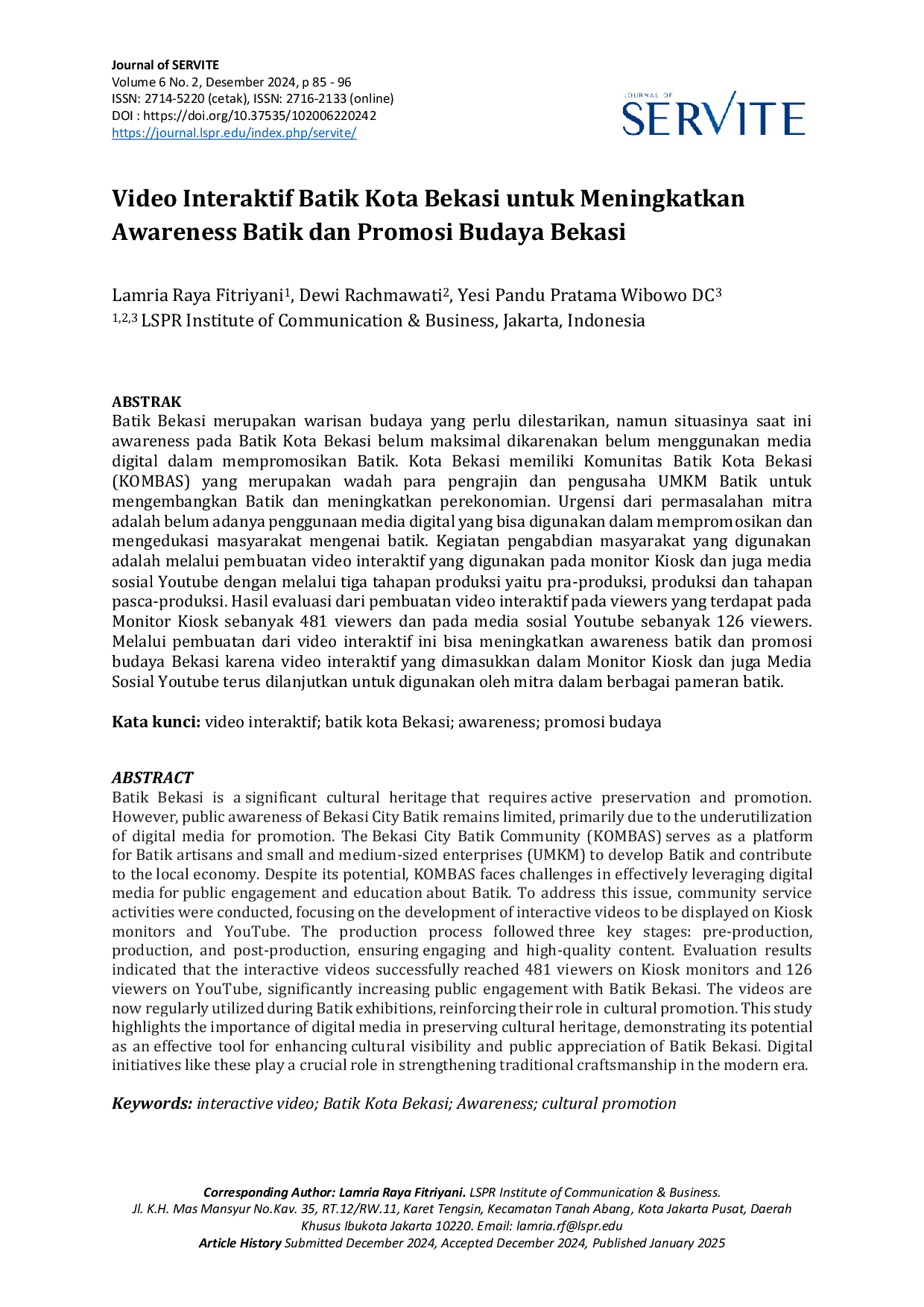 JURIS Video Interaktif Batik Kota Bekasi untuk meningkatkan Awareness Batik dan Promosi Budaya Bekasi