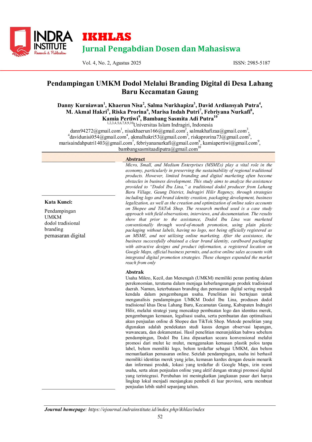 JURIS Pendampingan UMKM Dodol Melalui Branding Digital di Desa Lahang Baru Kecamatan Gaung