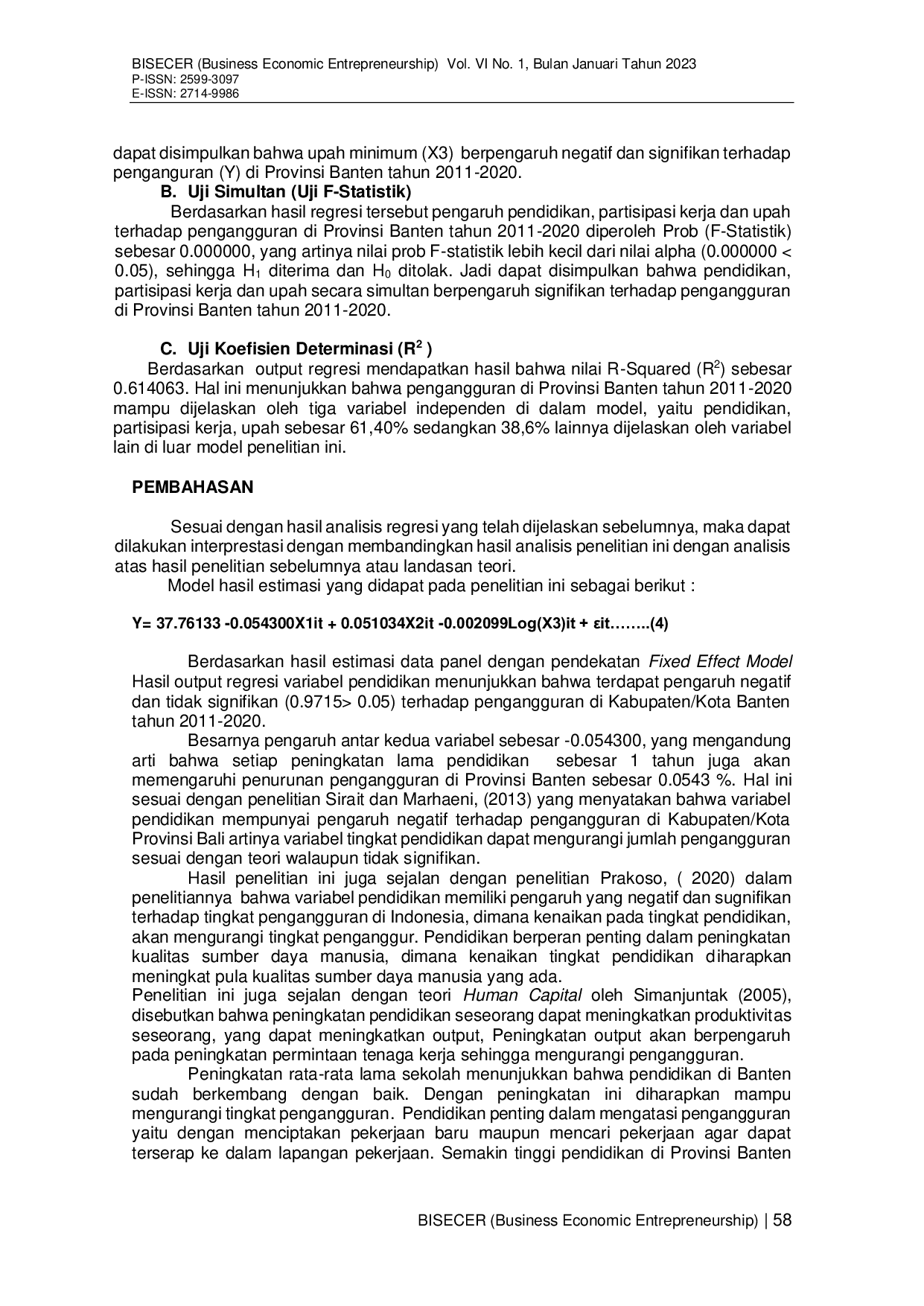 JURIS Analisis Pengaruh Pendidikan Partisipasi Kerja Dan Upah Minimum Terhadap Pengangguran Di Provinsi Banten Tahun 2011 2020