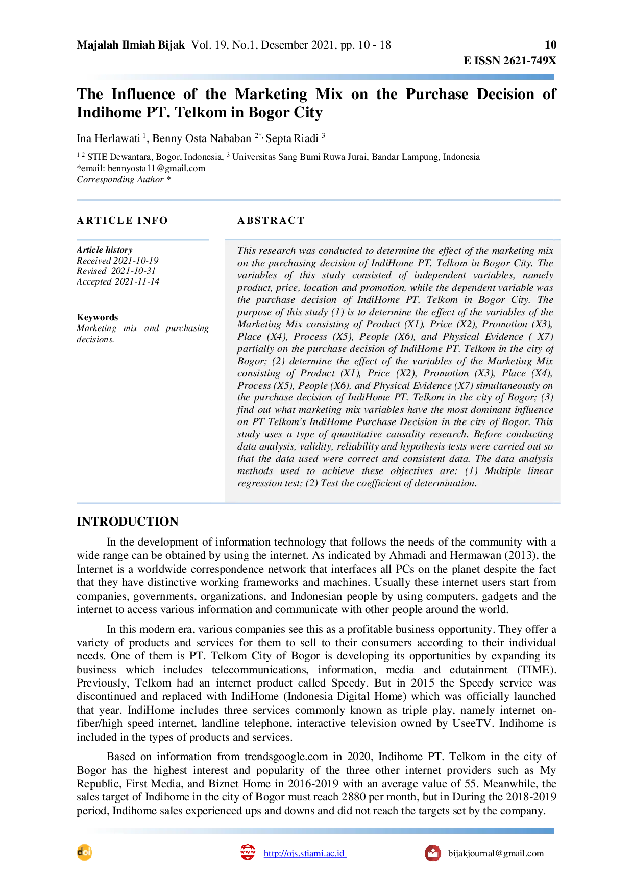 JURIS The Influence of the Marketing Mix on the Purchase Decision of Indihome PT Telkom in Bogor City