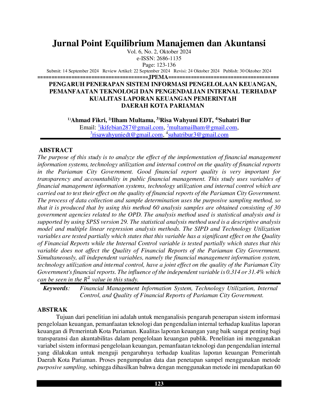 JURIS Pengaruh Penerapan Sistem Informasi Pengelolaan Keuangan Pemanfaatan Teknologi Dan Pengendalian Internal Terhadap Kualitas Laporan Keuangan Pemerintah Daerah Kota Pariaman