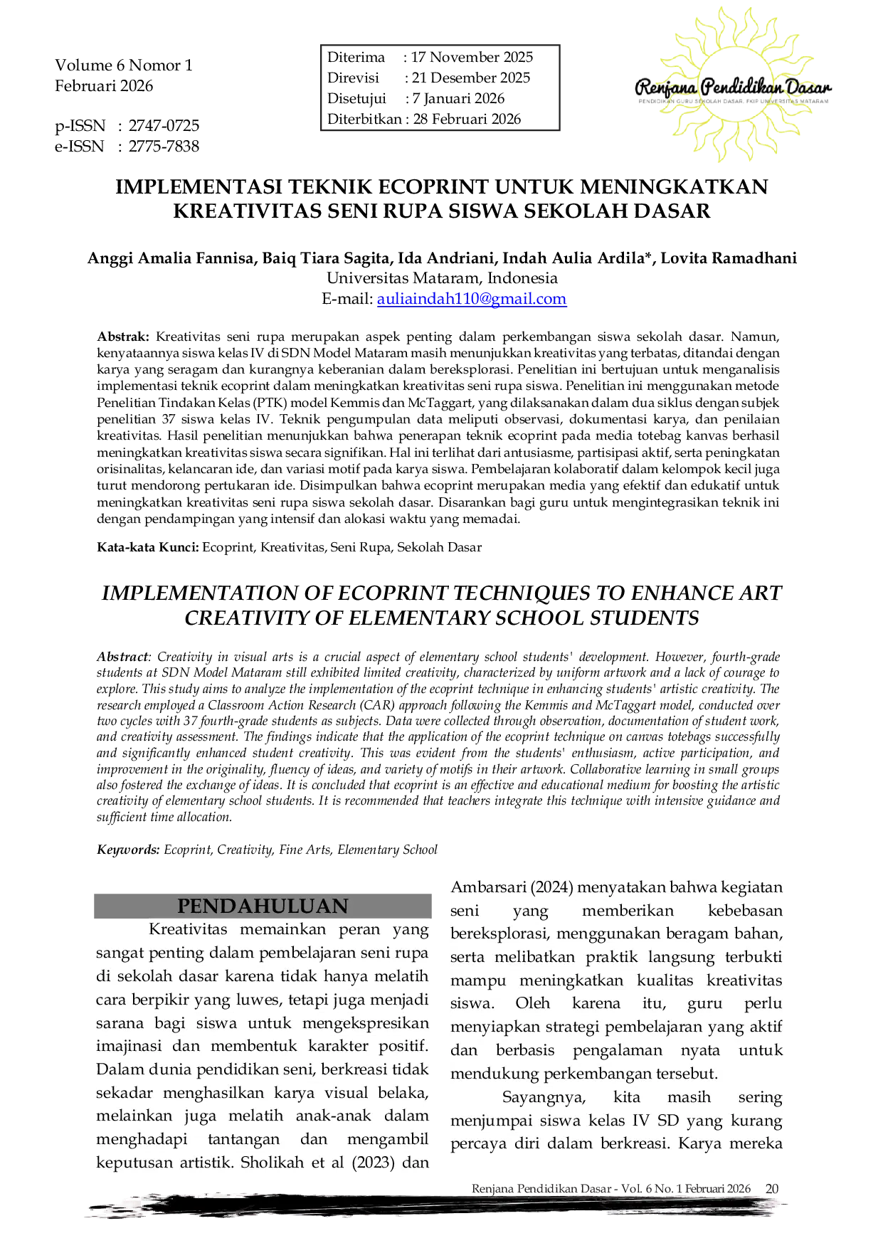 JURIS Implementasi Teknik Ecoprint untuk Meningkatkan Kreativitas Seni Rupa Siswa Sekolah Dasar