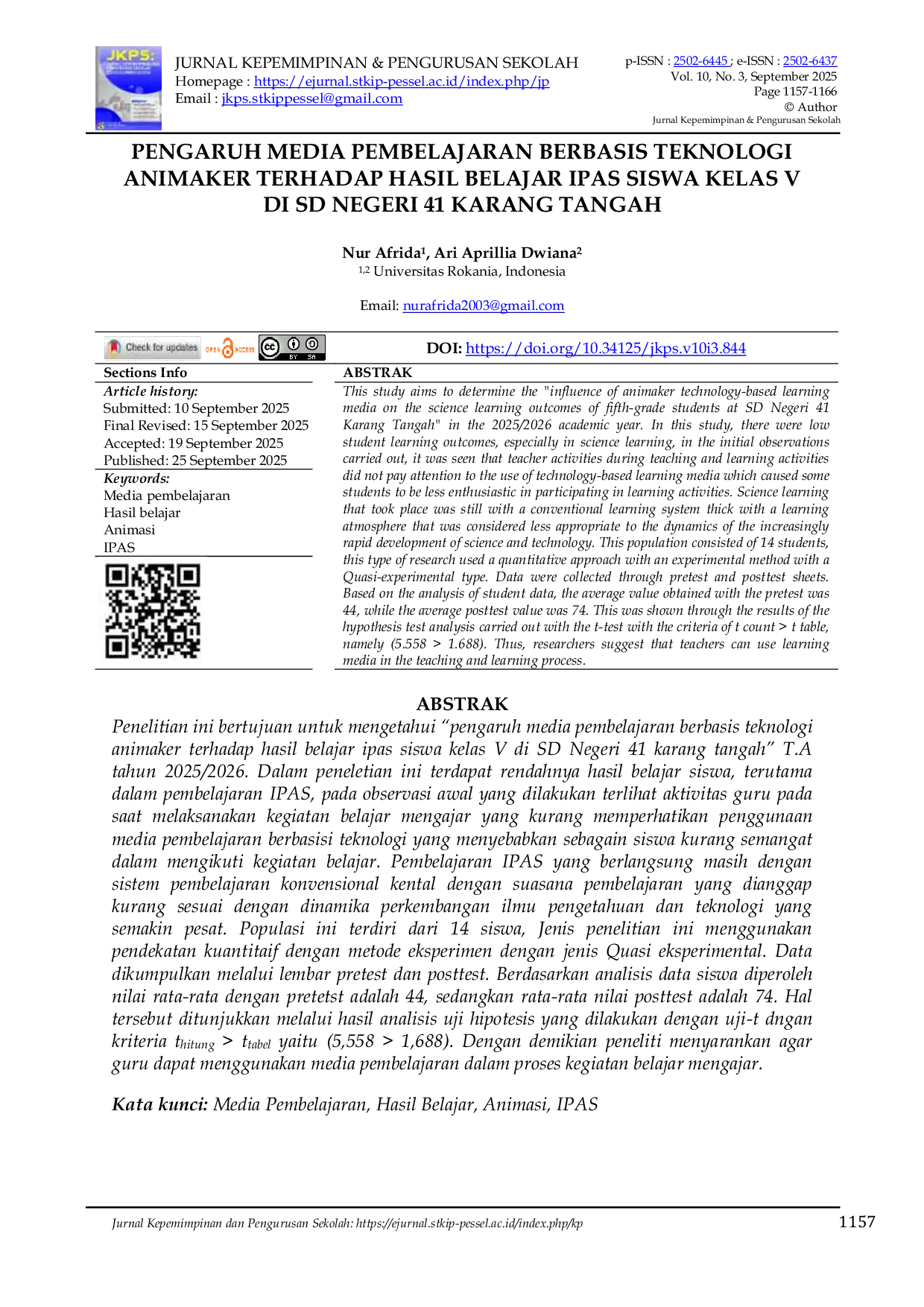 JURIS Pengaruh Media Pembelajaran Berbasis Teknologi Animaker Terhadap Hasil Belajar IPAS Siswa Kelas V di SD Negeri 41 Karang Tangah
