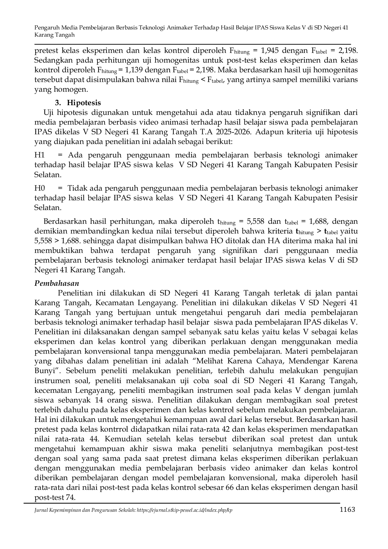 JURIS Pengaruh Media Pembelajaran Berbasis Teknologi Animaker Terhadap Hasil Belajar IPAS Siswa Kelas V di SD Negeri 41 Karang Tangah