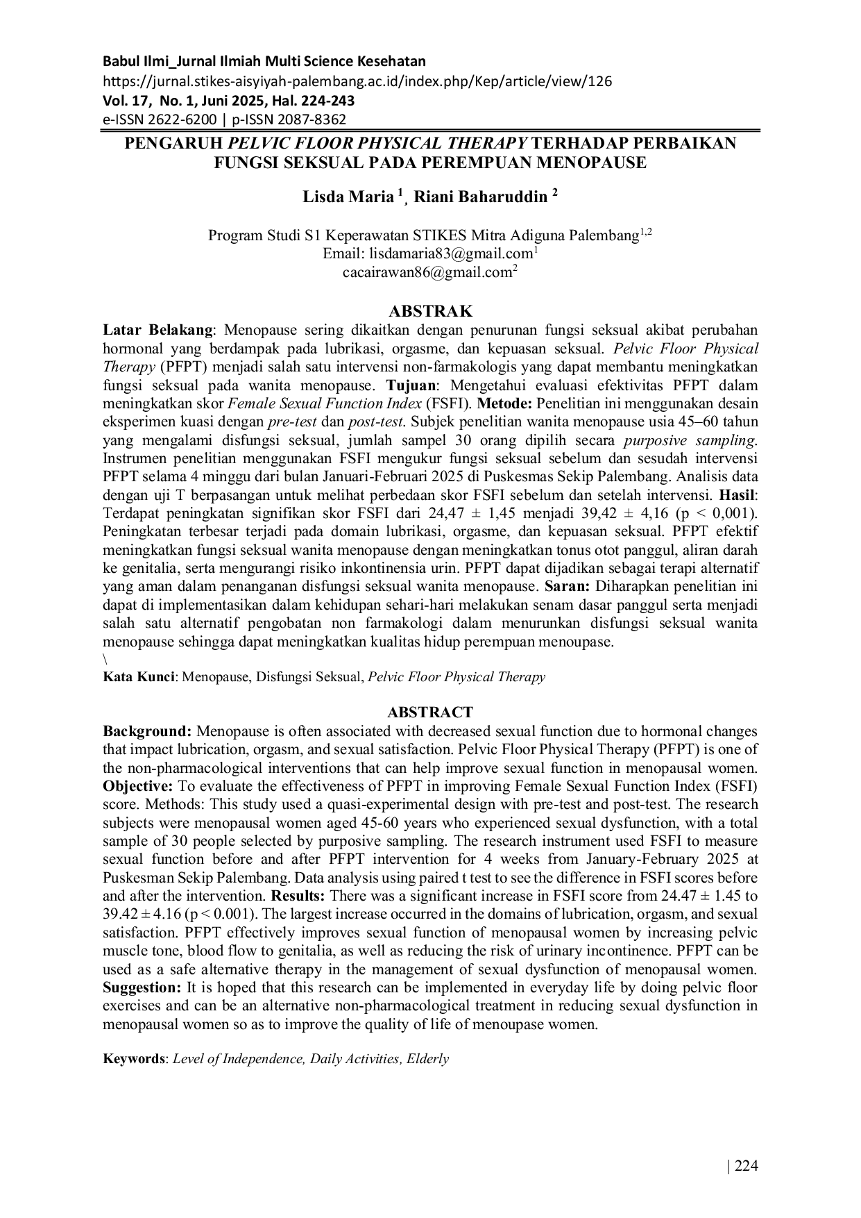 JURIS Pengaruh Pelvic Floor Physical Therapy Terhadap Perbaikan Fungsi Seksual Pada Perempuan Menopause